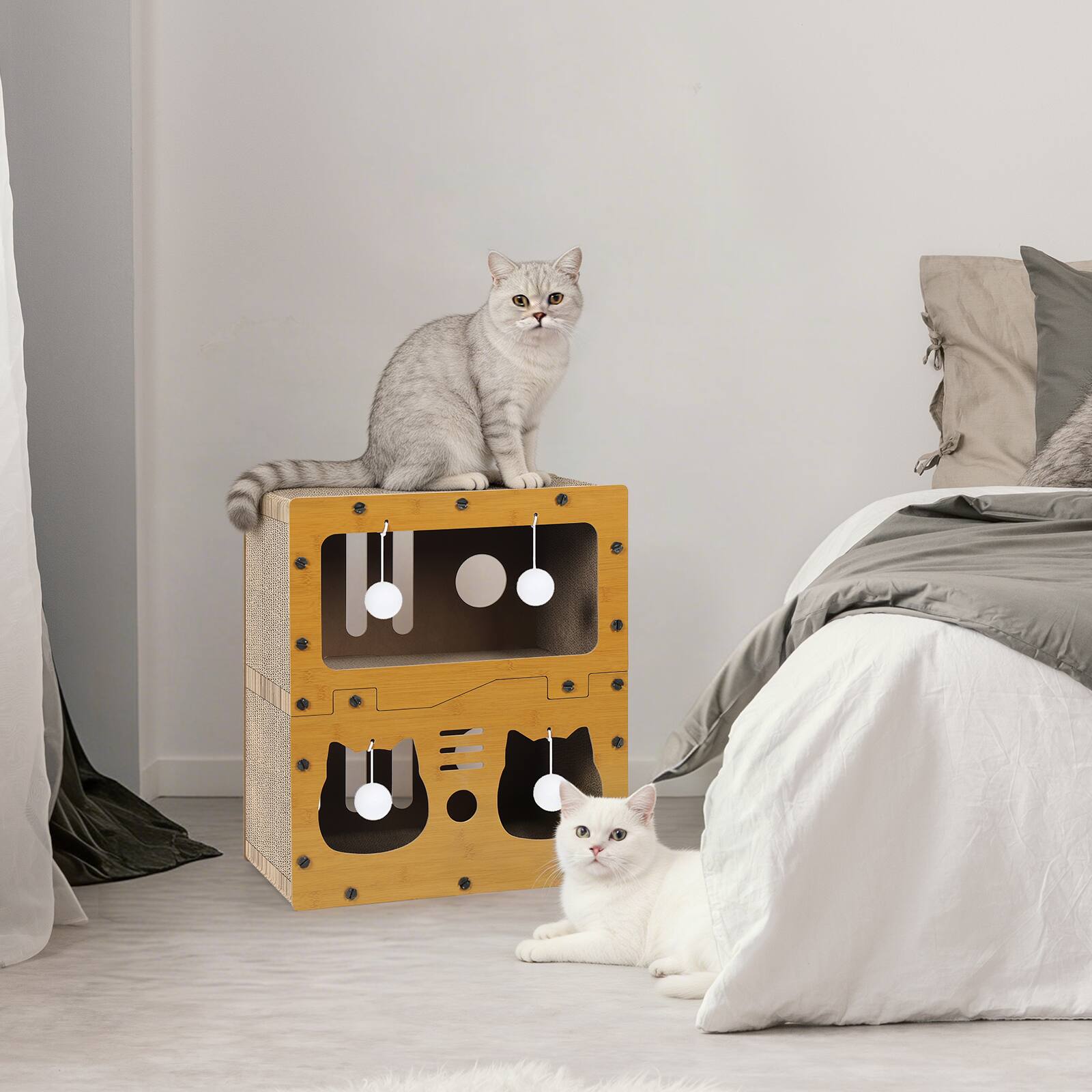 Alt View 4. Oumilen - 2-Tier Cat House with Scratcher Pad | Corrugated Cardboard Cat Condo with Pom Pom Toys, Indoor Cat Bed Hideaway.