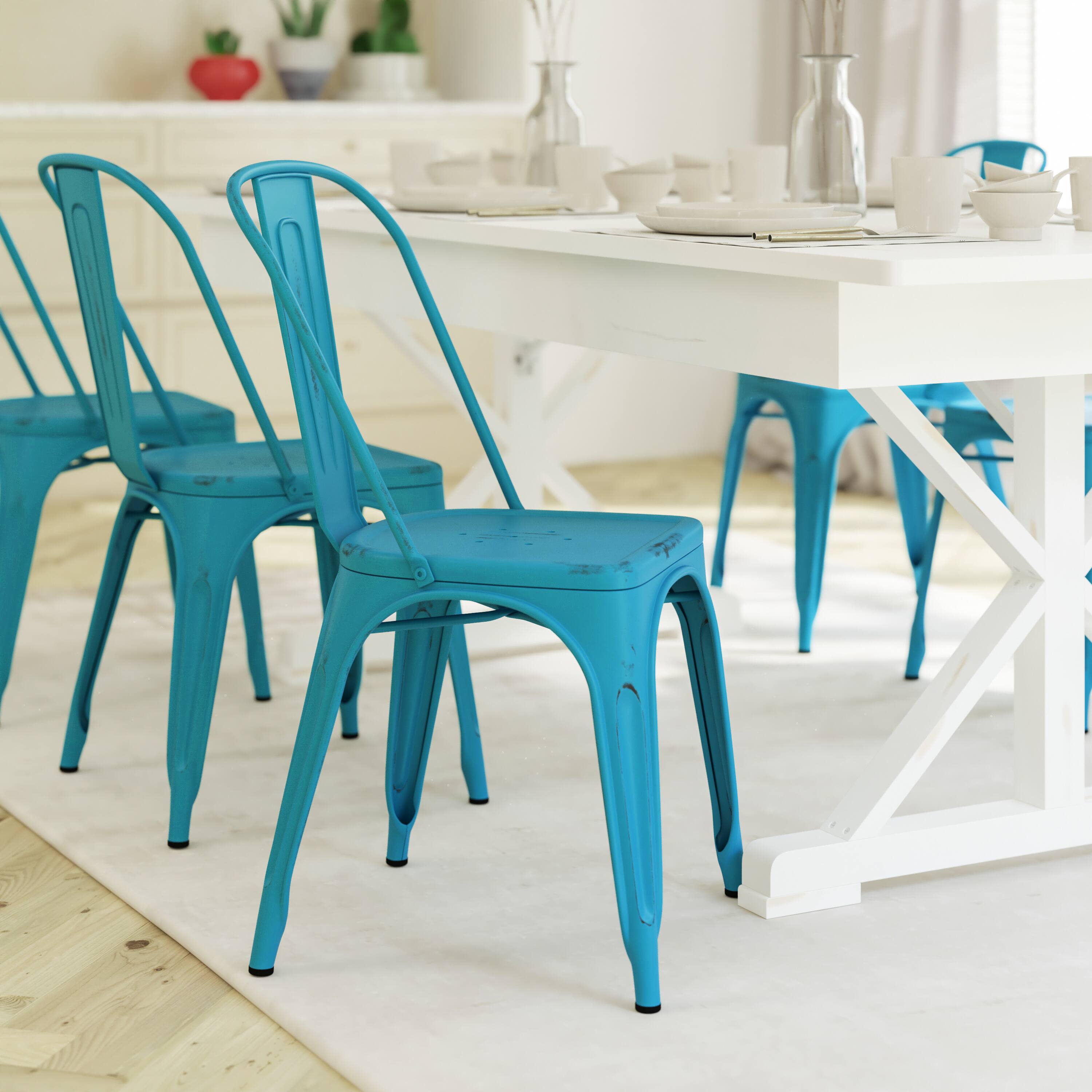 Alt View 5. Emma + Oliver - Commercial Grade 4 Pack Distressed Metal Indoor-Outdoor Stackable Chair - Blue.
