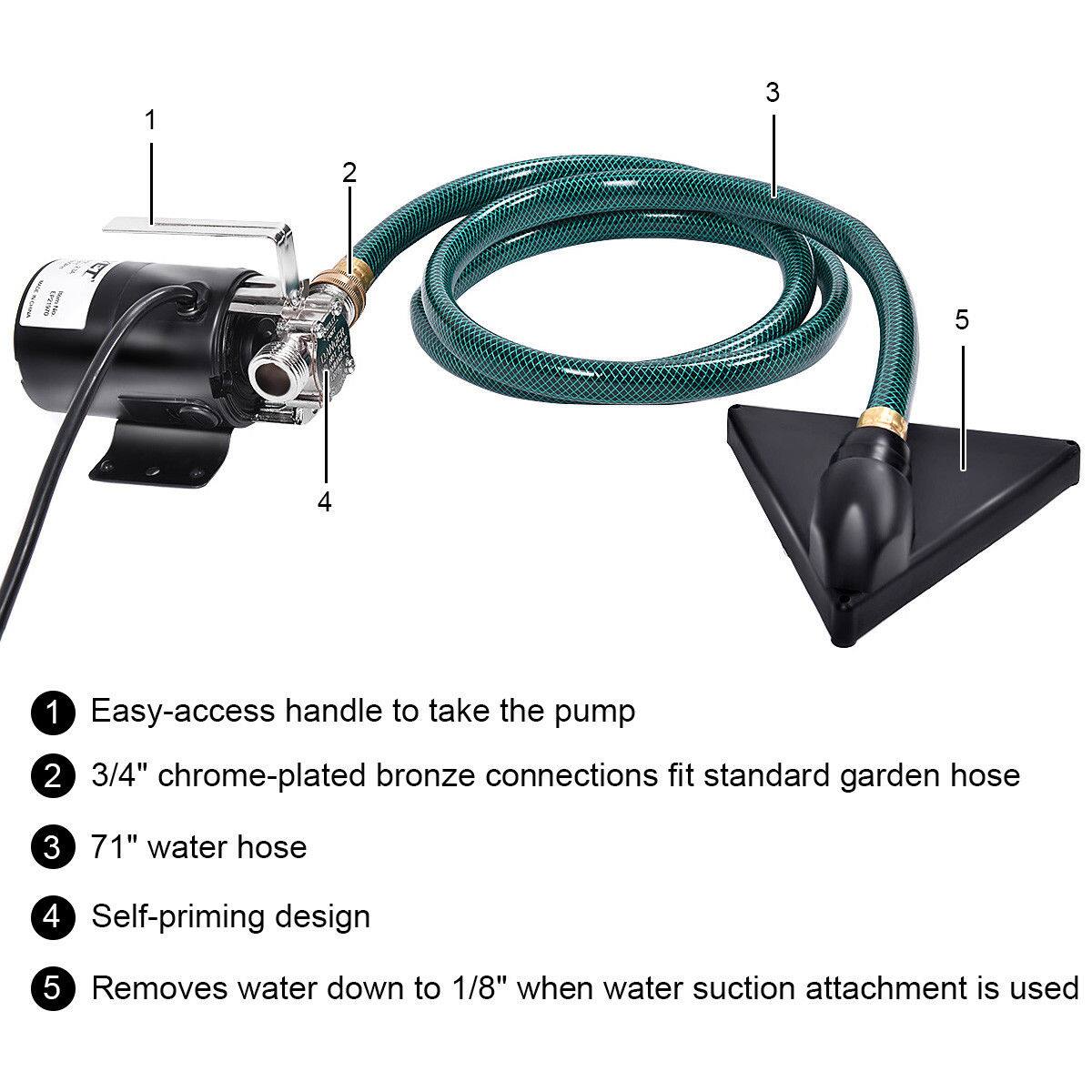1. Easy-access handle to take the pump
2. 3/4" chrome-plated bronze connections fit standard garden hose
3. 71" water hose
4. Self-priming design
5. Removes water down to 1/8" when water suction attachment is used