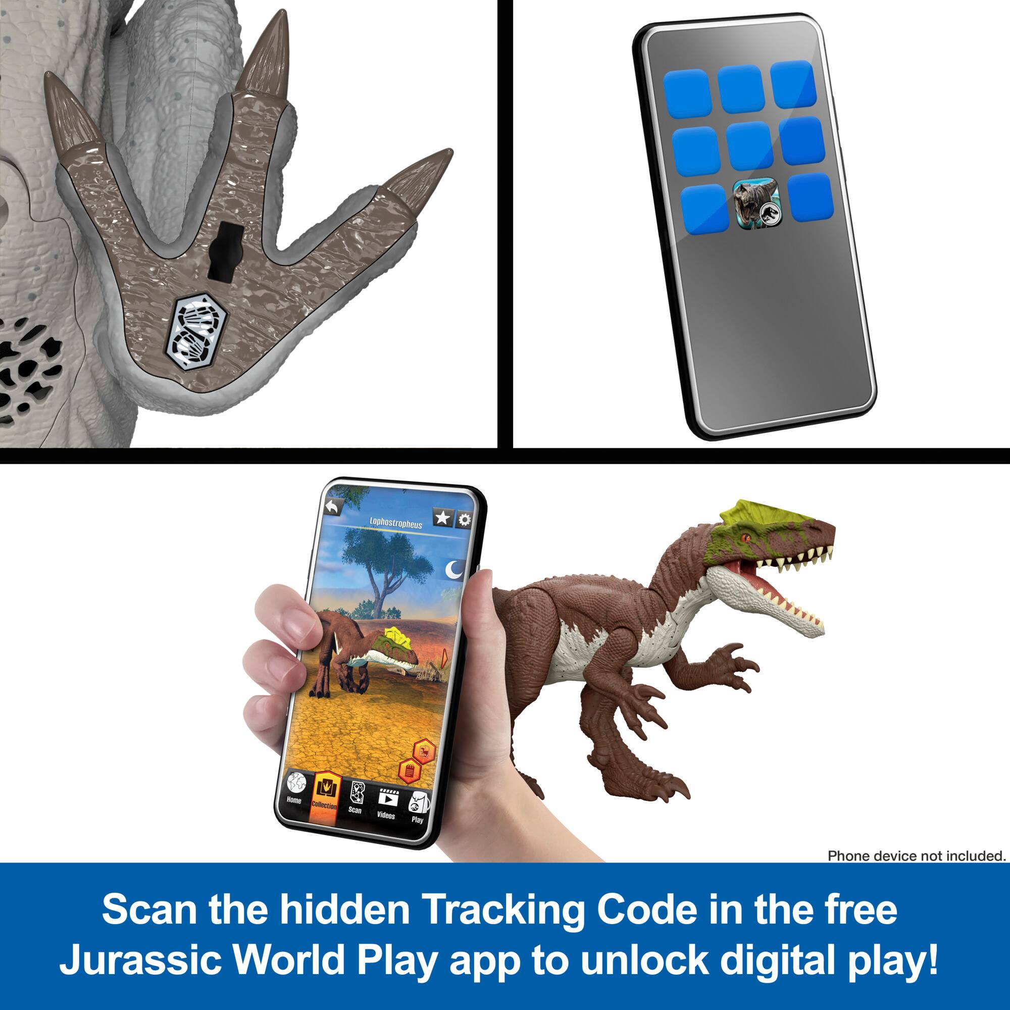 Inphestrapheus sphtes - E - - I . - 1 - -m

Phone device not included.

Scan the hidden Tracking Code in the free Jurassic World Play app to unlock digital play!