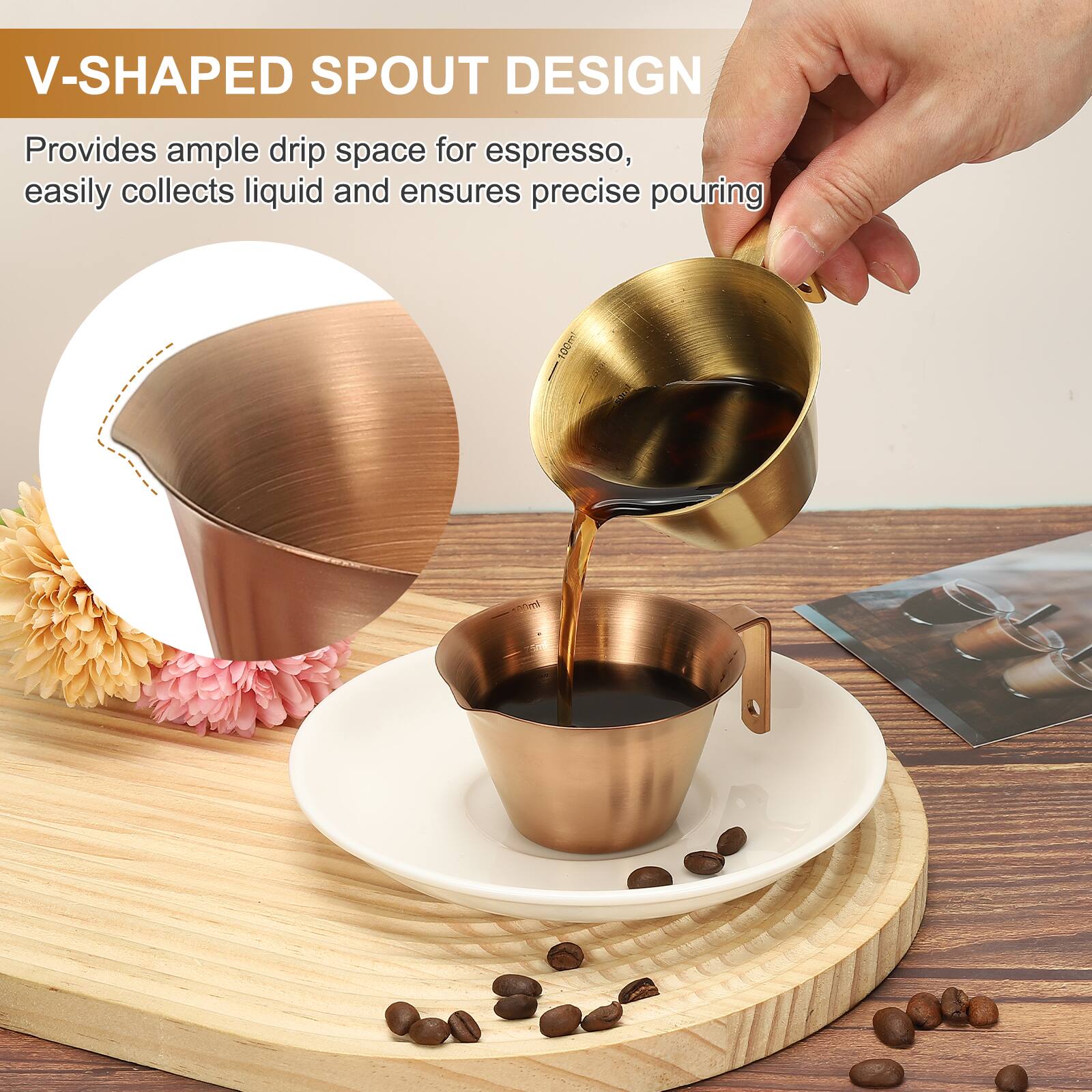 V-SHAPED SPOUT DESIGN  
Provides ample drip space for espresso, easily collects liquid and ensures precise pouring