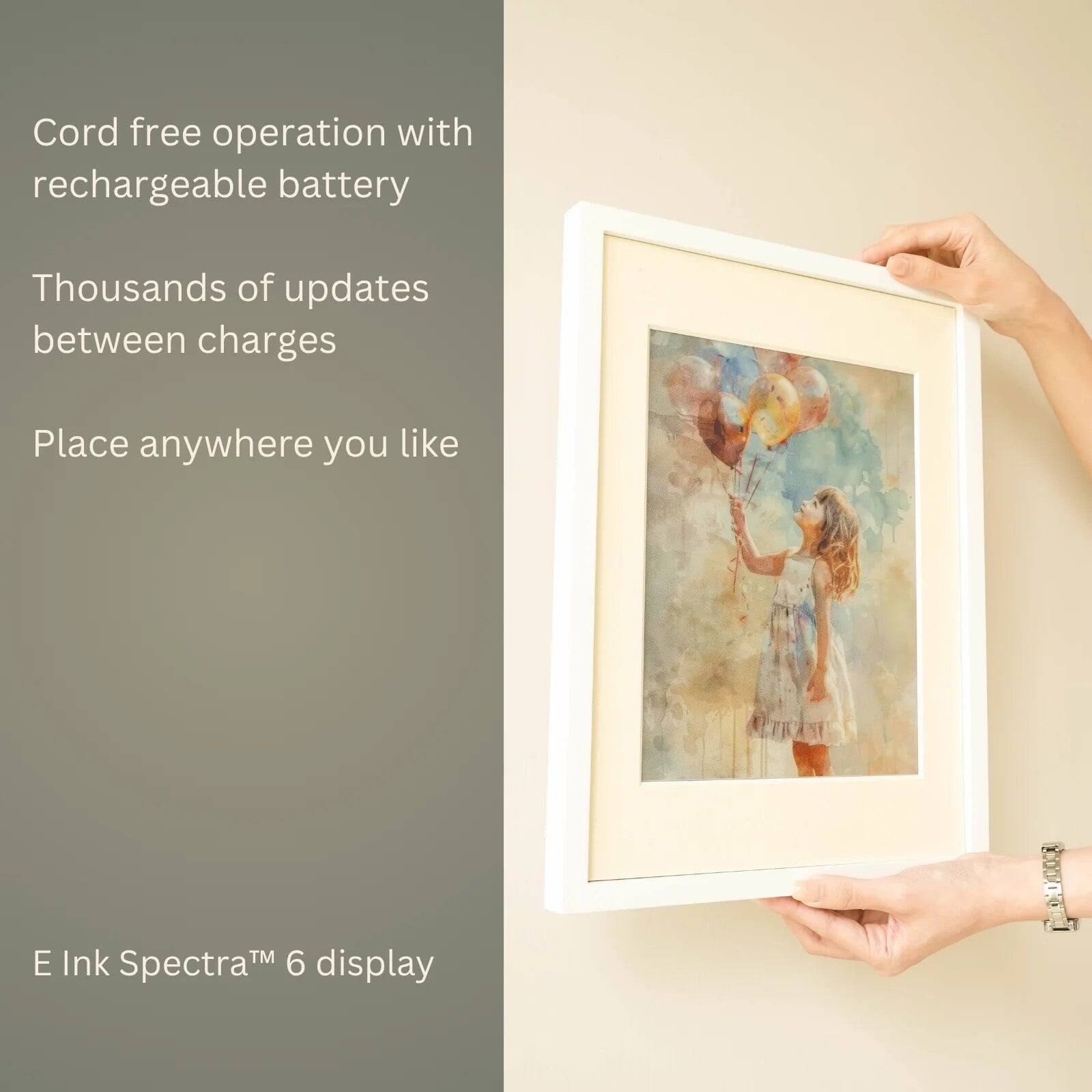 Cord free operation with rechargeable battery  
Thousands of updates between charges  
Place anywhere you like  
E Ink Spectra™ 6 display