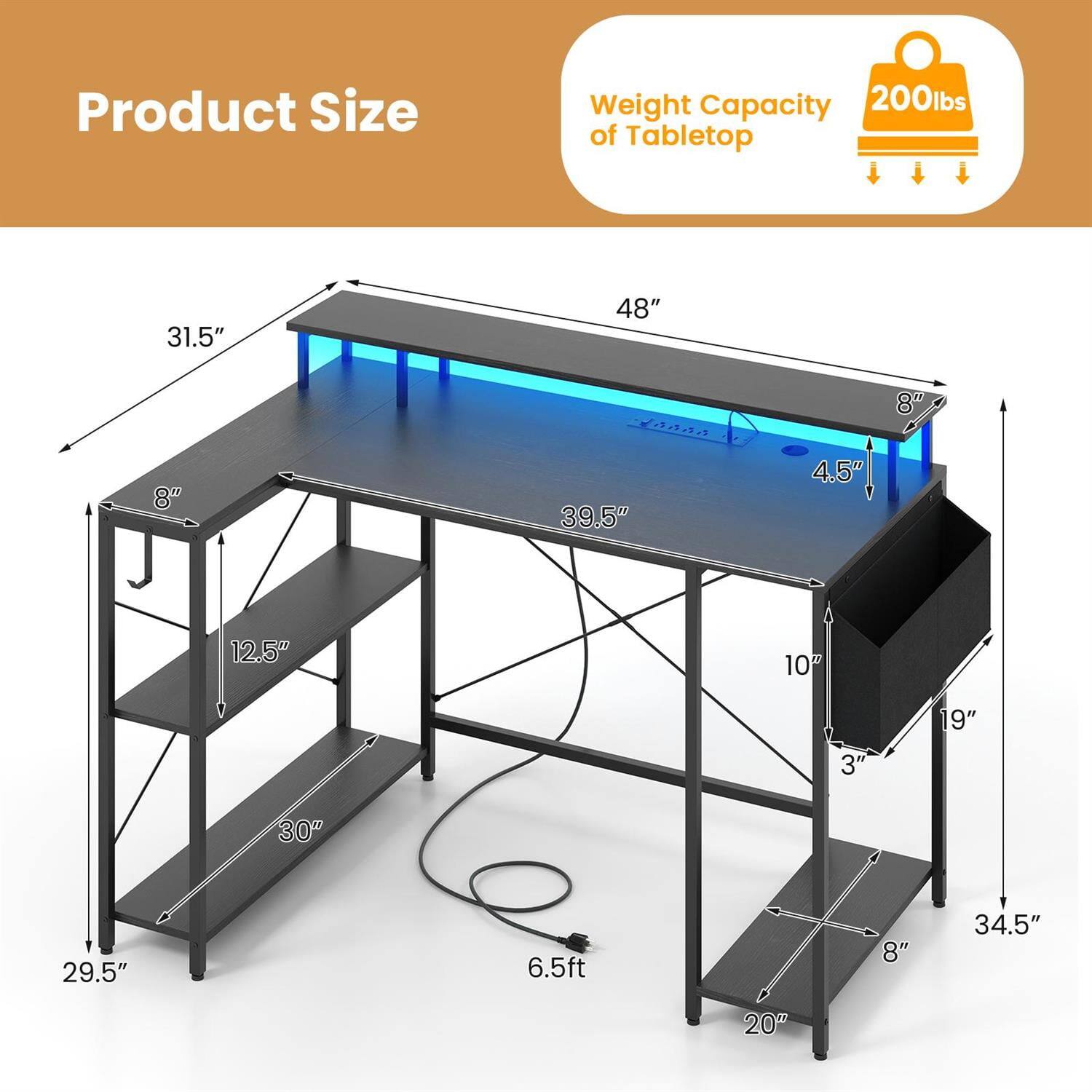 Product Size  
Weight Capacity of Tabletop: 200lbs  

- Length: 48"  
- Width: 31.5"  
- Height: 34.5"  
- Tabletop Thickness: 4.5"  
- Shelf 1: 30" (Height)  
- Shelf 2: 12.5" (Height)  
- Drawer: 19" (Height)  
- Drawer Width: 10"  
- Drawer Depth: 3"  
- Leg Width: 8"  
- Overall Height: 29.5"  
- Cord Length: 6.5ft