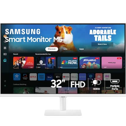 SAMSUNG Smart Monitor M5
A FURRY ADVENTURE
ADORABLE TAILS
Watch Now
Discover
Live
118 Apps
Recent
Recommended for You
abc
MOVIES-MORE
NEWSLIVE
NBC NEWS
MOONBUG
NOW_vevo pop
NETFLIX
Samsung SmartThings
TV Plus
Continue Watching
prime video
Disney+
tv Toulube
PROUTIC
internet
32" FHD
HDR10
Multiple Ports
