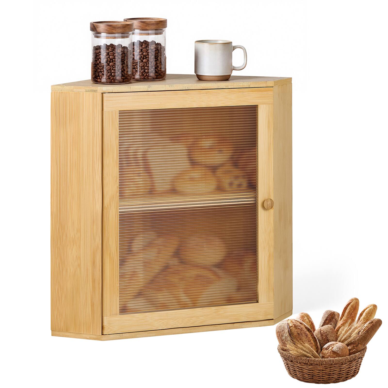 Front. VEVOR - Corner Bread Box for Kitchen Counter Bamboo Wood Container Natural, for Homemade Bread, Under Cabinet, and Pantry - Natural Wood Color.