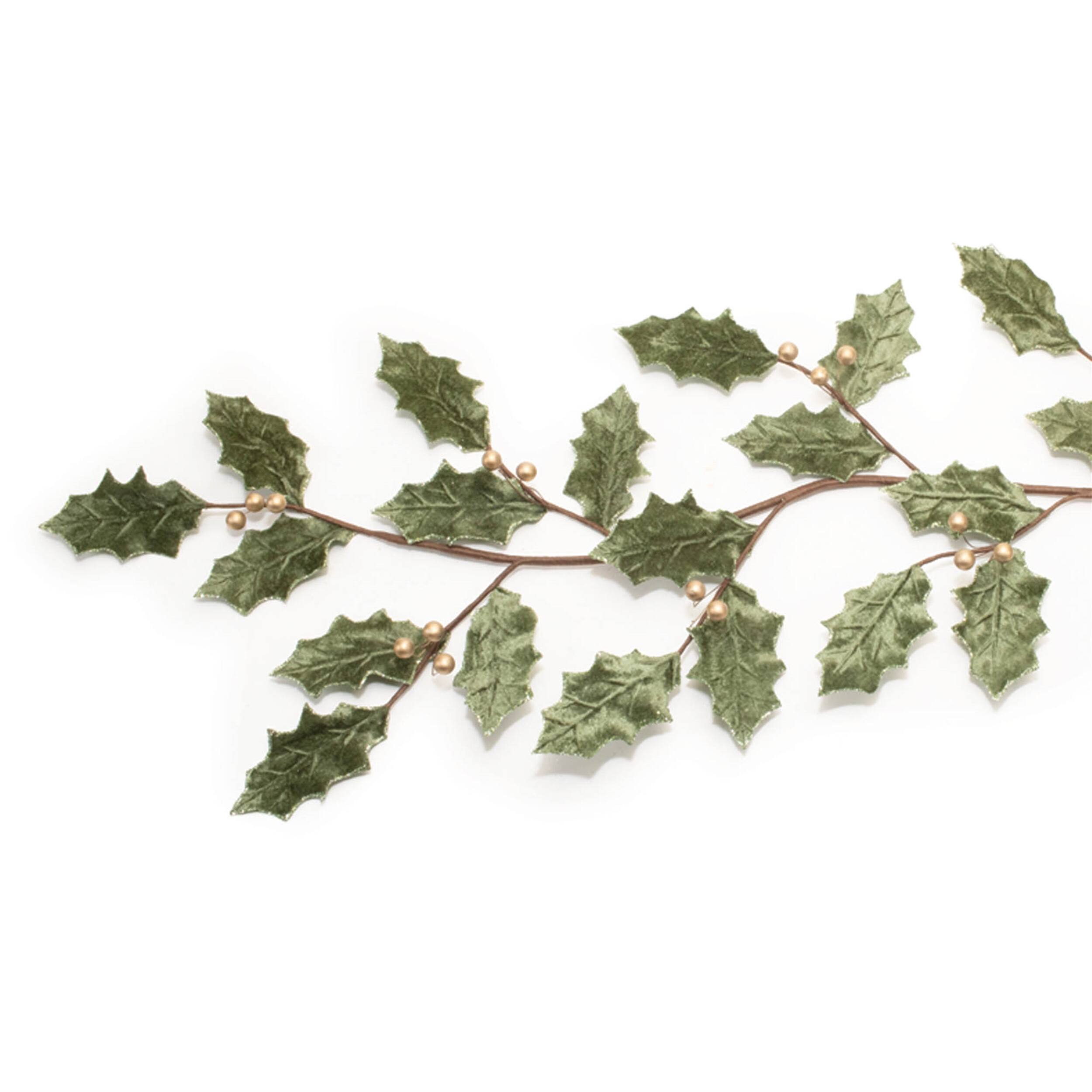 Angle. BreeBe - Glittered Holly Leaf Garland (Set of 2) - Green, Gold.