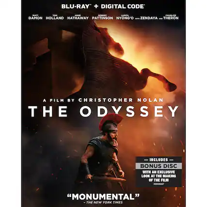 BLU-RAY + DIGITAL CODE*
MATT DAMON HOLLAND HATHAWAY PATTINSON LUPITA NYONG'O WITH ZENDAYA AND CHARLIZE THERON
A FILM BY CHRISTOPHER NOLAN THE ODYSSEY
- INCLUDES - BONUS DISC WITH AN EXCLUSIVE LOOK AT THE MAKING OF THE FILM 4000086227
"MONUMENTAL" - THE NEW YORK TIMES