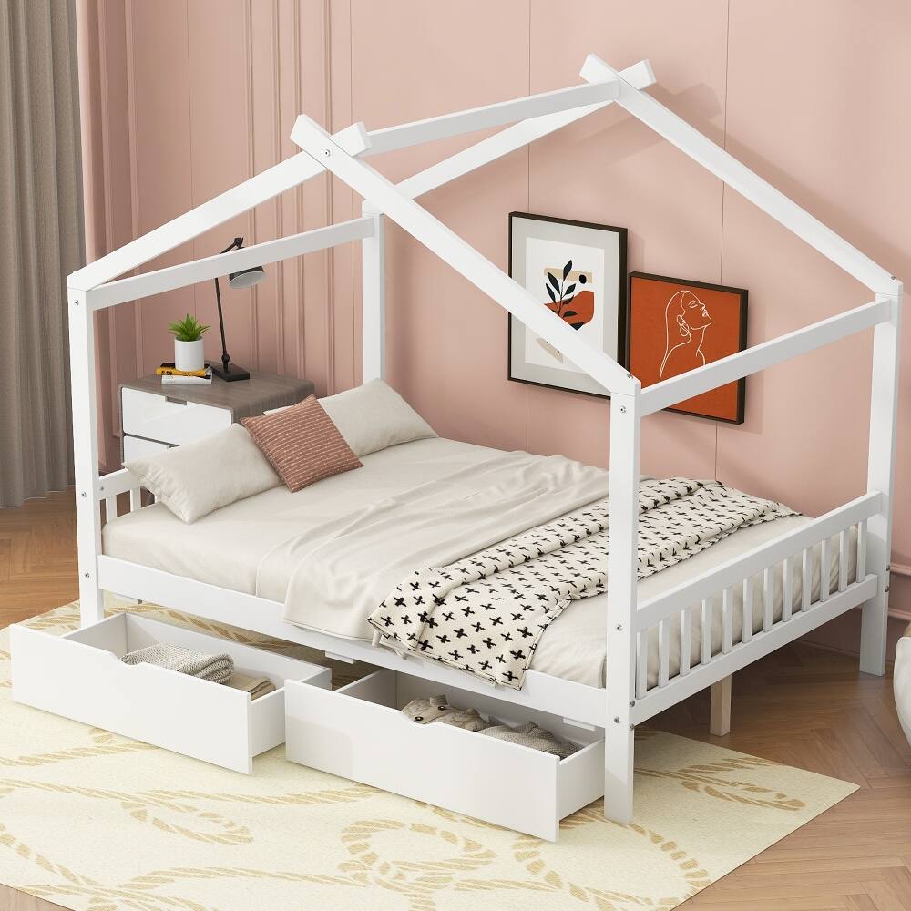 Left. Loheer - Loheer Full Size House Platform Bed with Two Drawers, Roof Design White Bed Frame for Kids - White.
