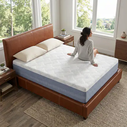 Front. FED Fitness - 10 Inch Queen Size Mattress High Density Sponge Medium Firm Comfortable Bed Mattress - White/Blue.
