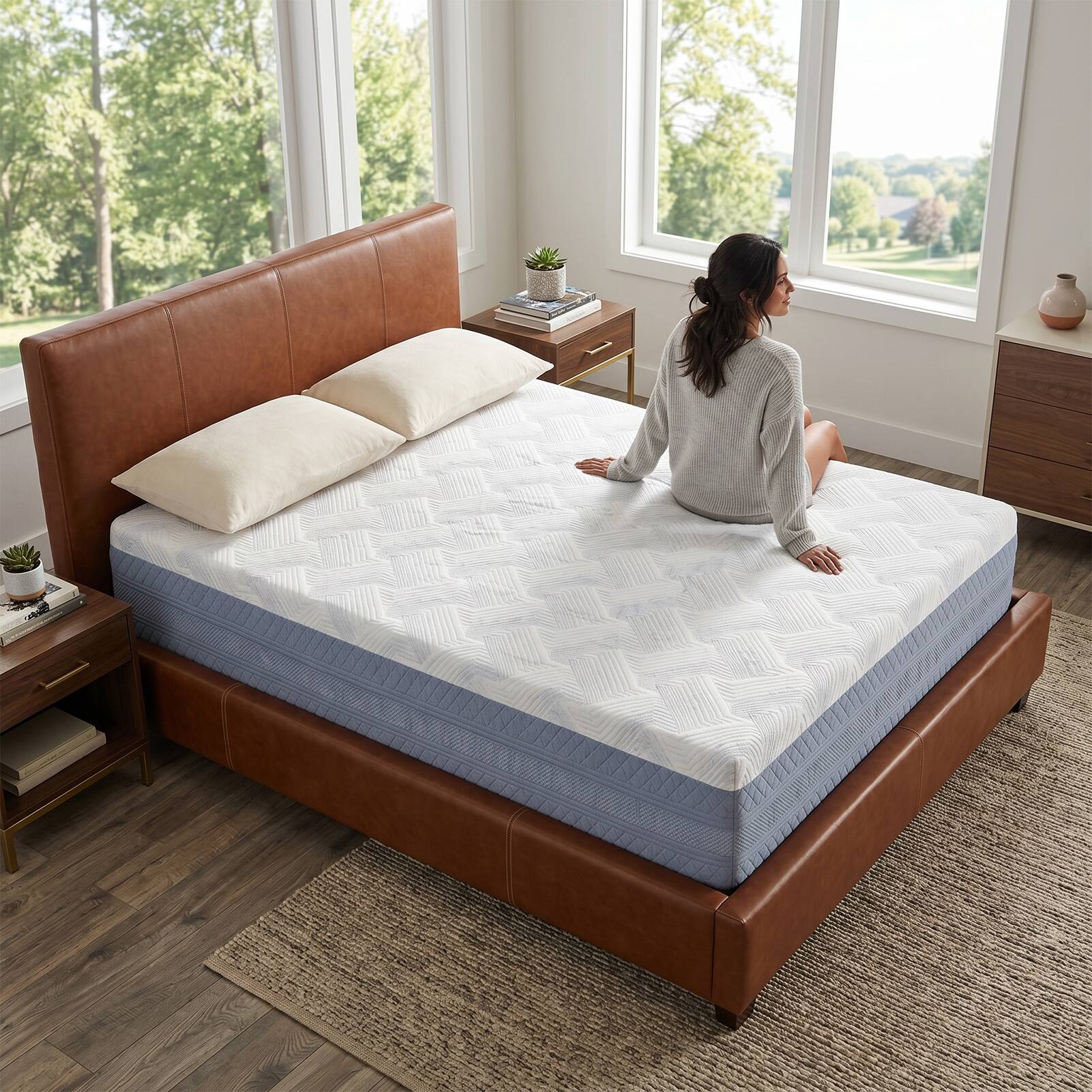 Front. FED Fitness - 10 Inch Queen Size Mattress High Density Sponge Medium Firm Comfortable Bed Mattress - White/Blue.