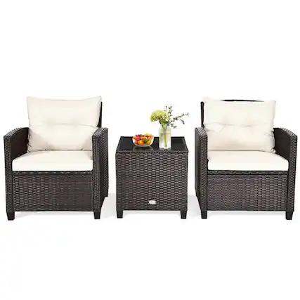 Front. Kadyn - 3 Pcs Patio Rattan Furniture Set , Wicker Furniture Sets, Patio Conversation Sets, Cushioned Conversation Set - White.