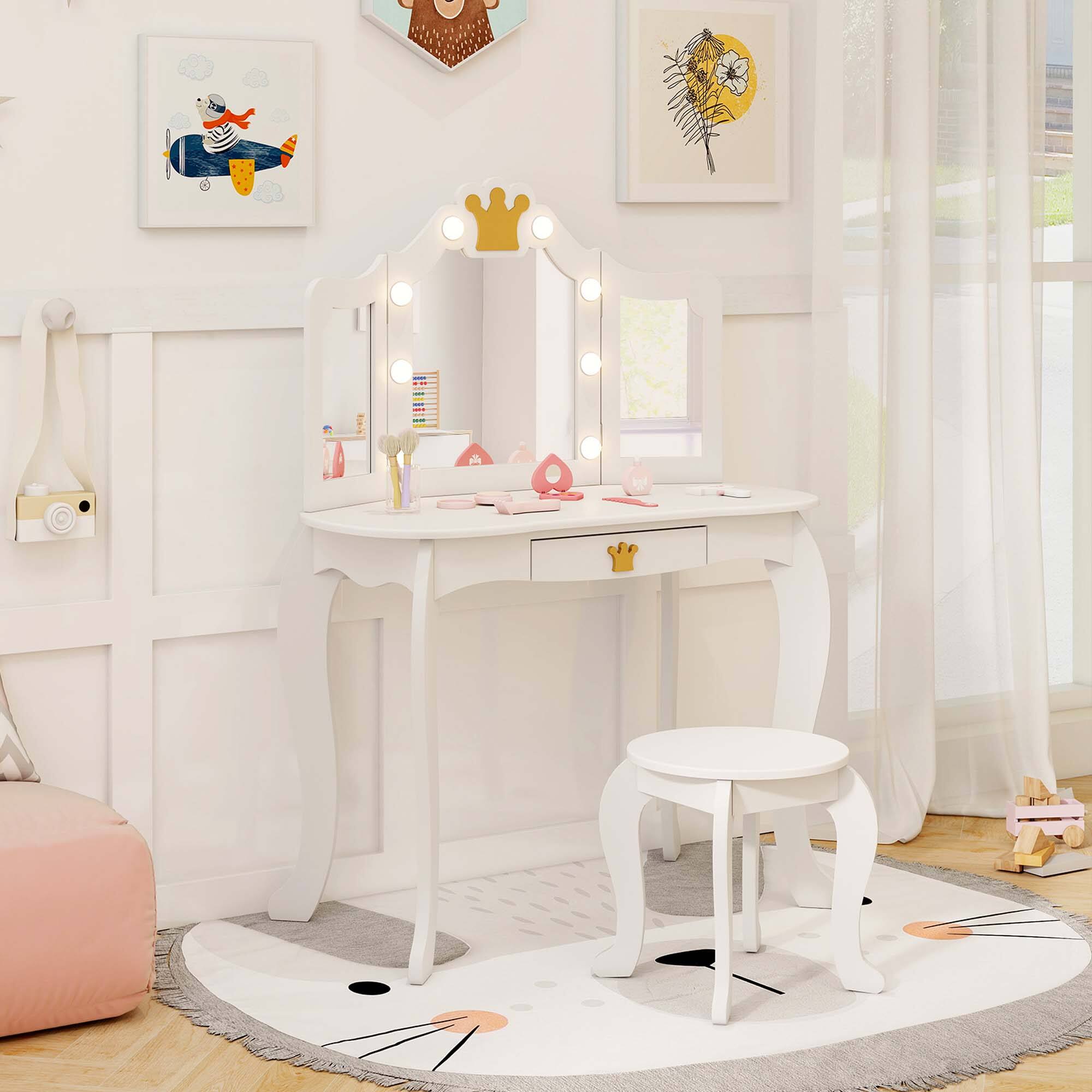 Alt View 3. Costway - Costway Kids Vanity Set Princess Vanity Table & Chair Set with Lighted Mirror - White.