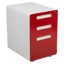 Emma + Oliver - Ergonomic 3-Drawer Mobile Locking Filing Cabinet Storage Organizer - White and Red