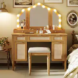 Loheer - Makeup Vanity Desk with Mirror and Stool, Finish, Hollywood Lighting and Storage - Natural