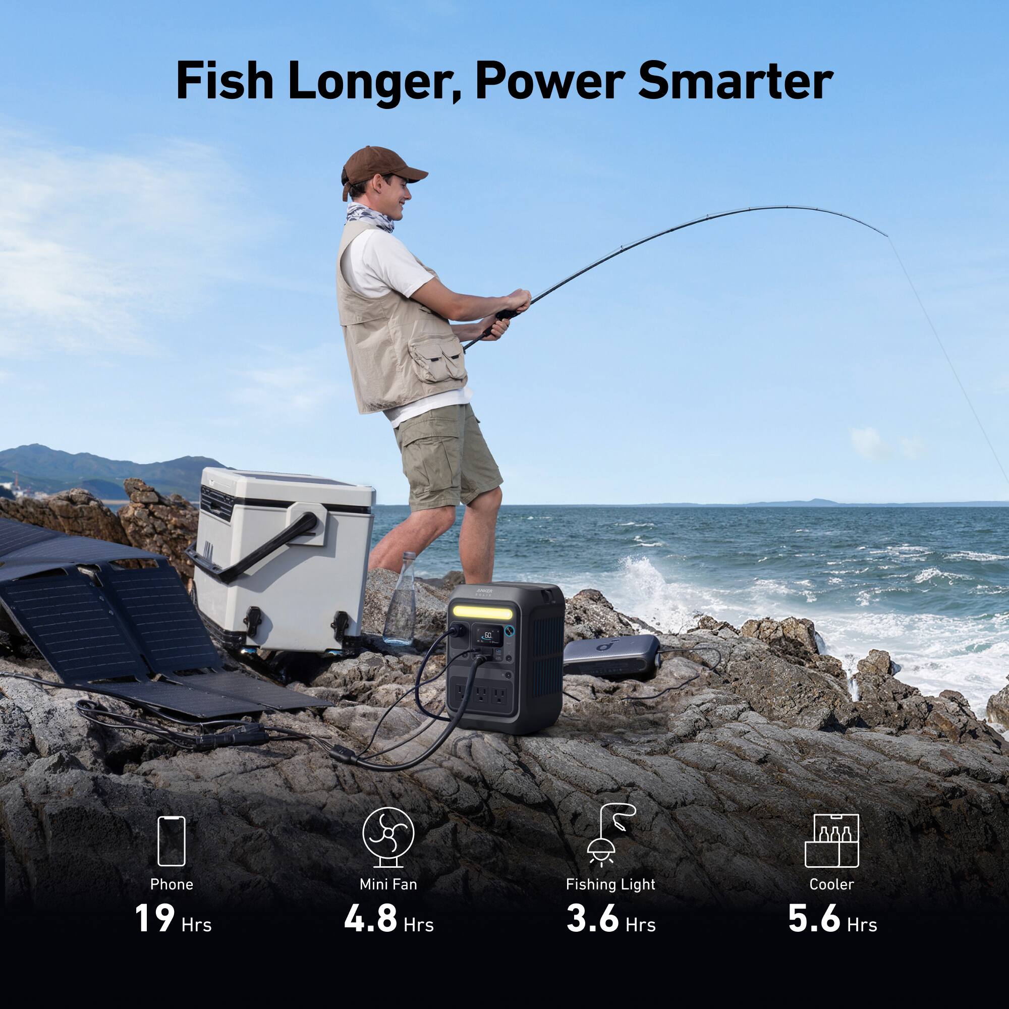 Fish Longer, Power Smarter

Phone: 19 Hrs  
Mini Fan: 4.8 Hrs  
Fishing Light: 3.6 Hrs  
Cooler: 5.6 Hrs