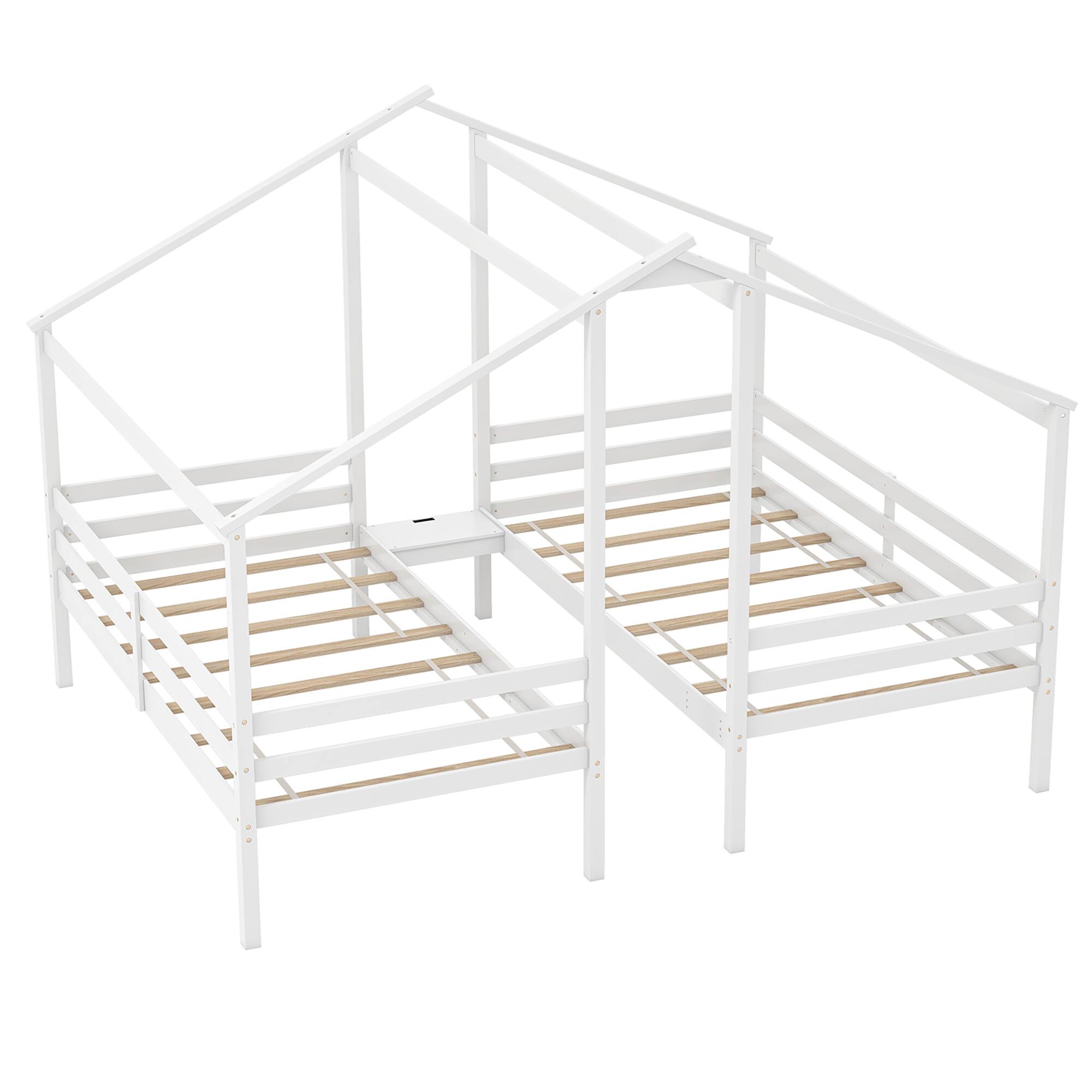 Alt View 1. Gymax - Gymax Double Twin Size Bed Frames for Kids with Built-in Table & USB Port Guardrails - White.
