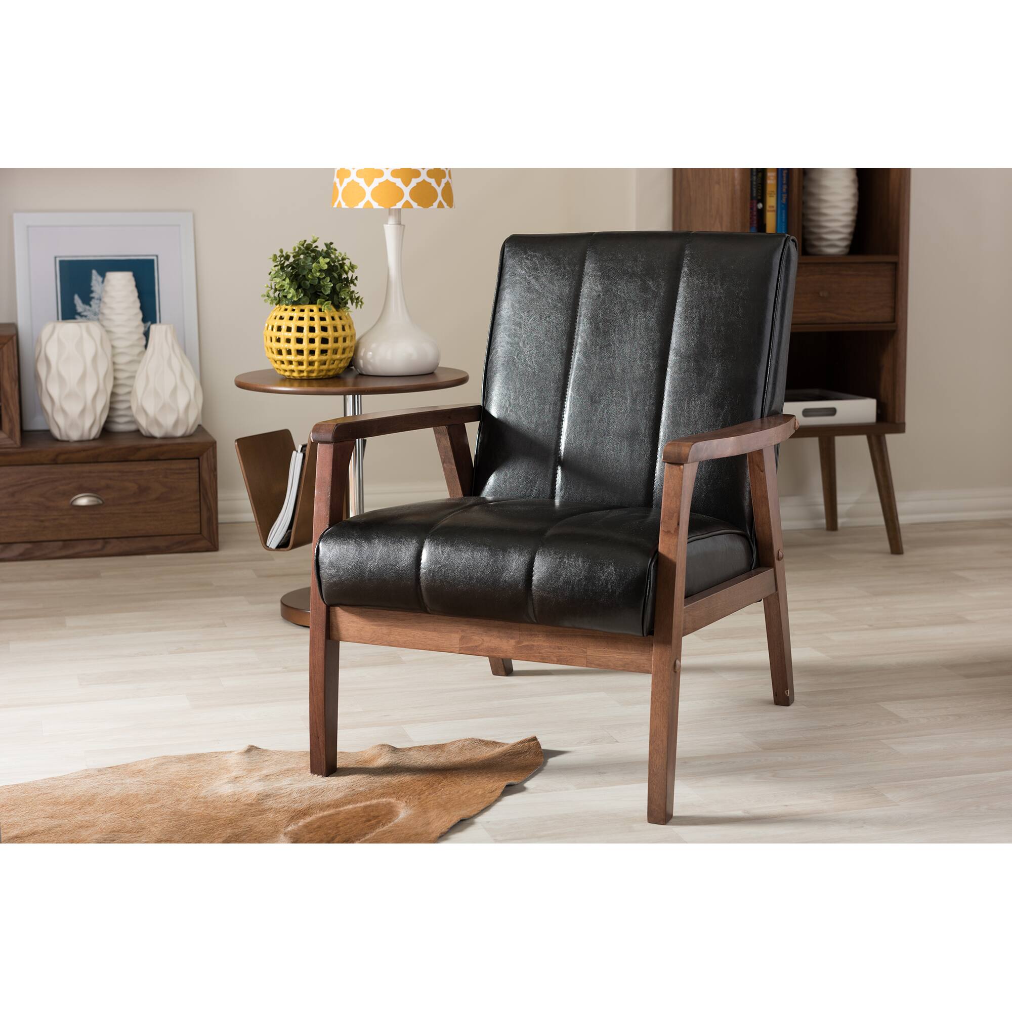 Alt View 1. Baxton Studio - Nikko Mid-century Modern Scandinavian Style Faux Leather Wooden Lounge Chair - Black.