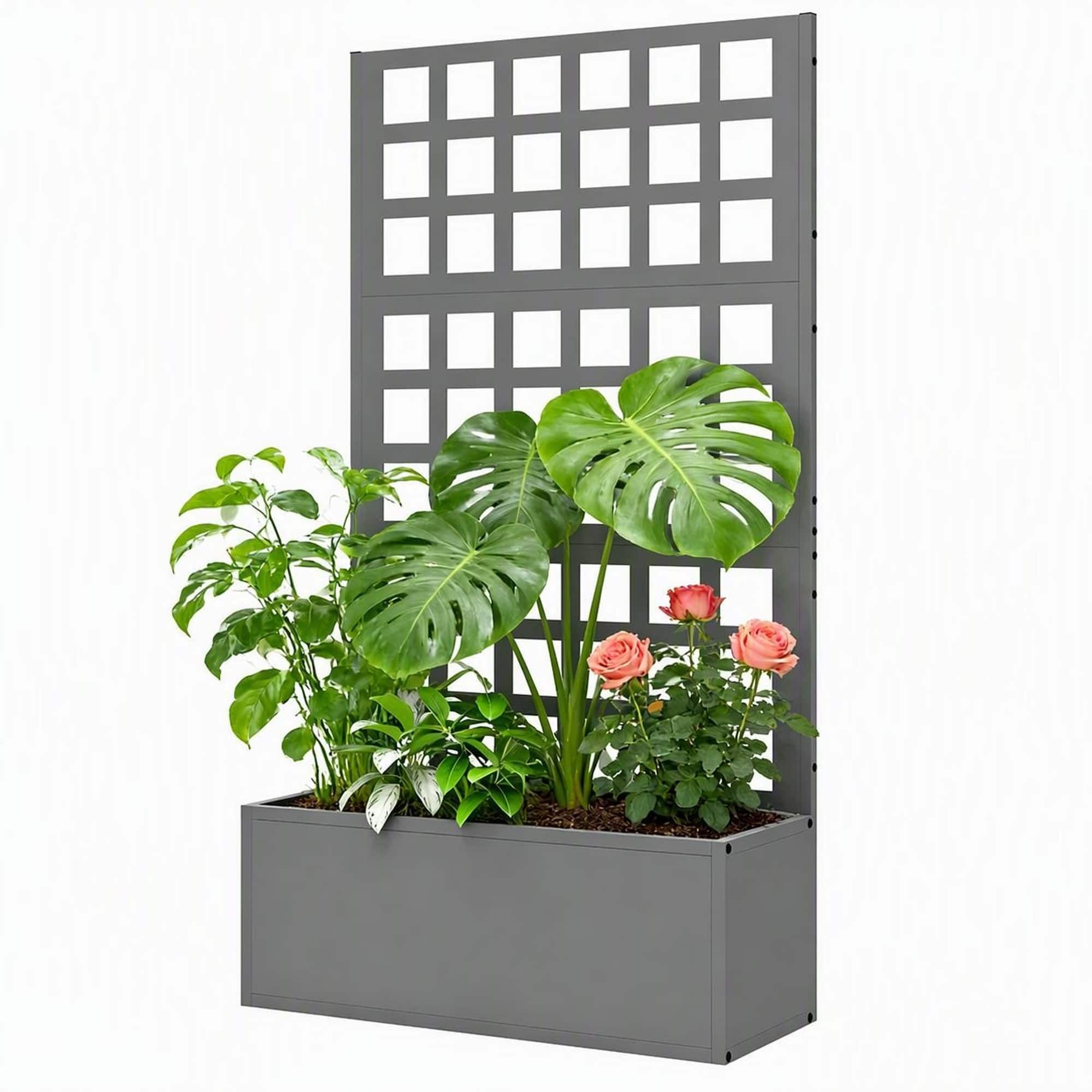 RYHNUYNE - Galvanized Steel Raised Garden Bed with Trellis for Climbing Plants, Planter Box 24x9x44.5 Inches Outdoor - Gray