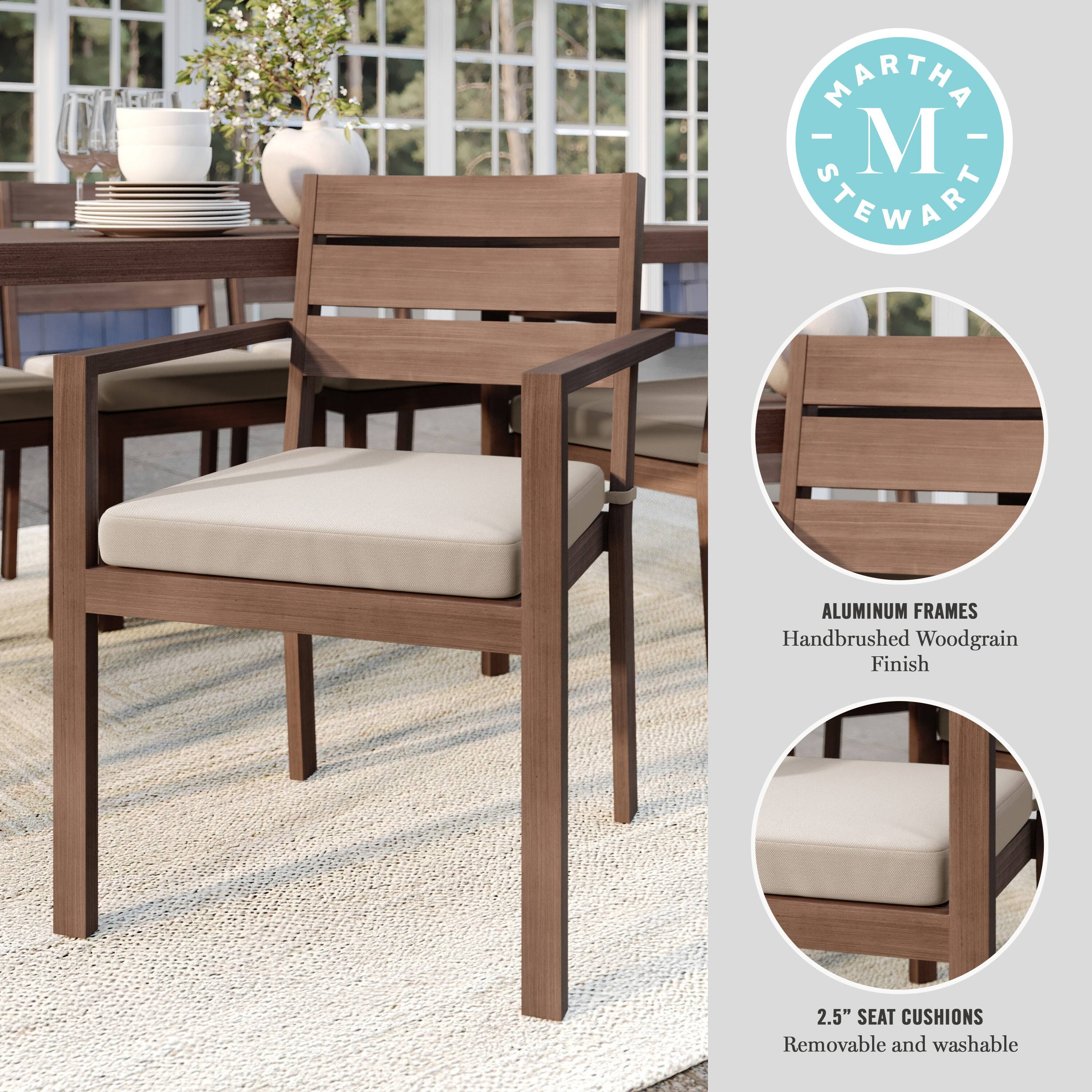 The text on the image reads: "Martha Stewart Aluminum Frames Handbrushed Woodgrain Finish 2.5" Seat Cushions Removable and washable."