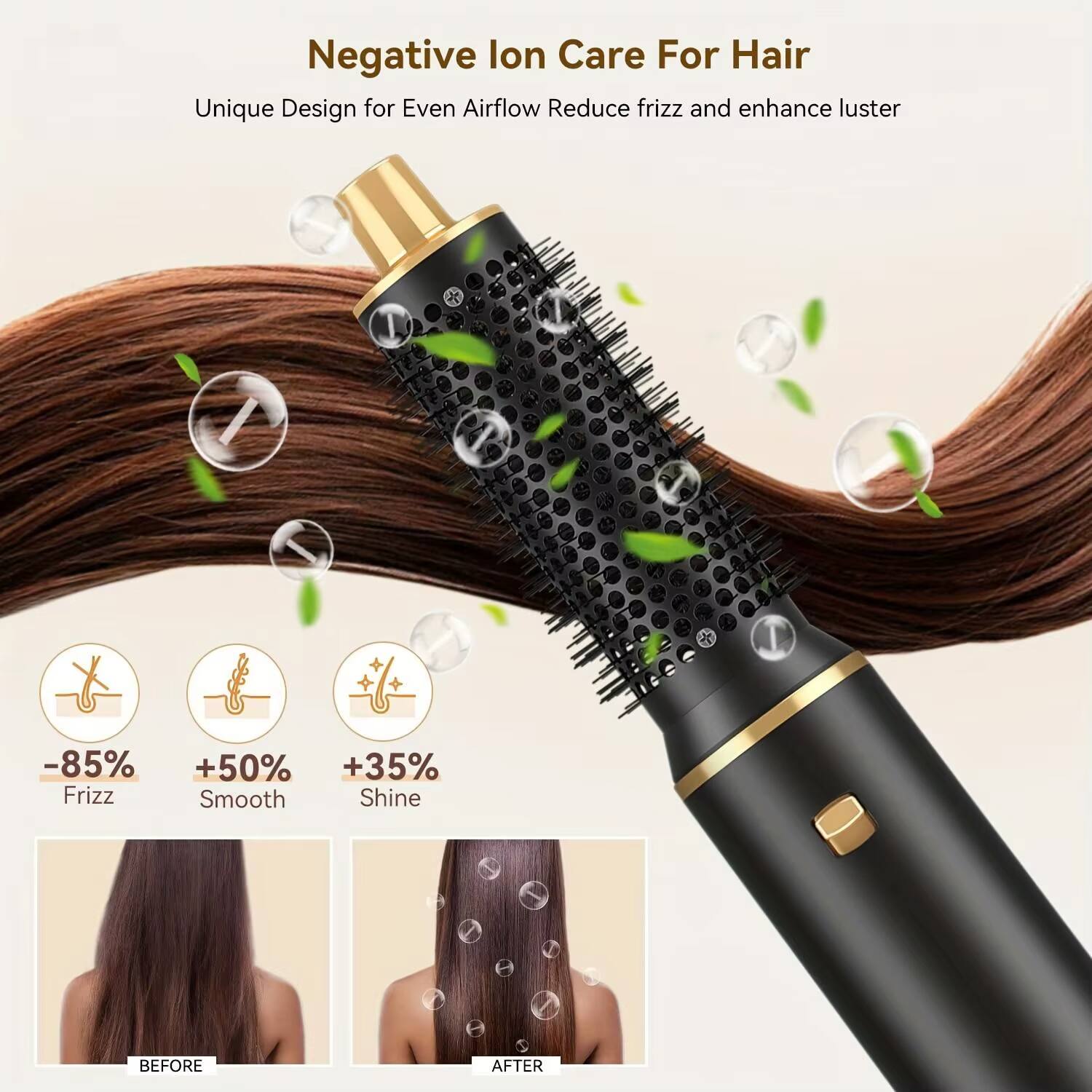Negative Ion Care For Hair  
Unique Design for Even Airflow  
Reduce frizz and enhance luster  

-85% Frizz  
+50% Smooth  
+35% Shine  

BEFORE  
AFTER