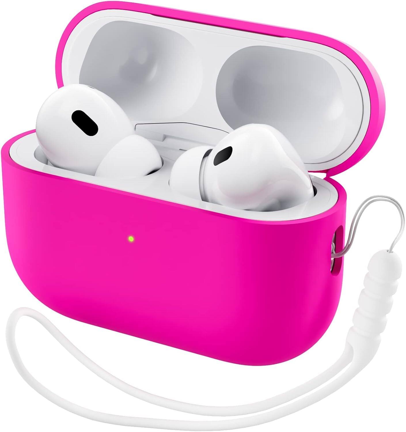 Front. Ornarto - ORNARTO for AirPods Pro 2 Case (2022), Protective Liquid Silicone Cover with Lanyard, Front LED Visible Case-Hot Pink - Hot Pink.