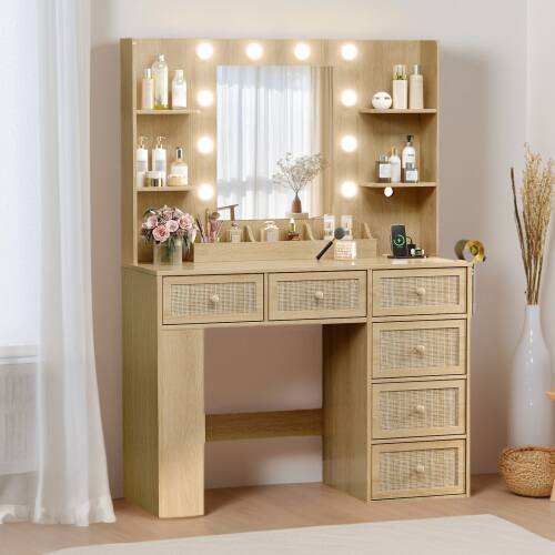Alt View 5. Winado - 6 Drawers Vanity Dressing Table Wooden LED Light Mirror Power Port, Hidden Storage Side Shelves Xmas Gift - Burlywood.