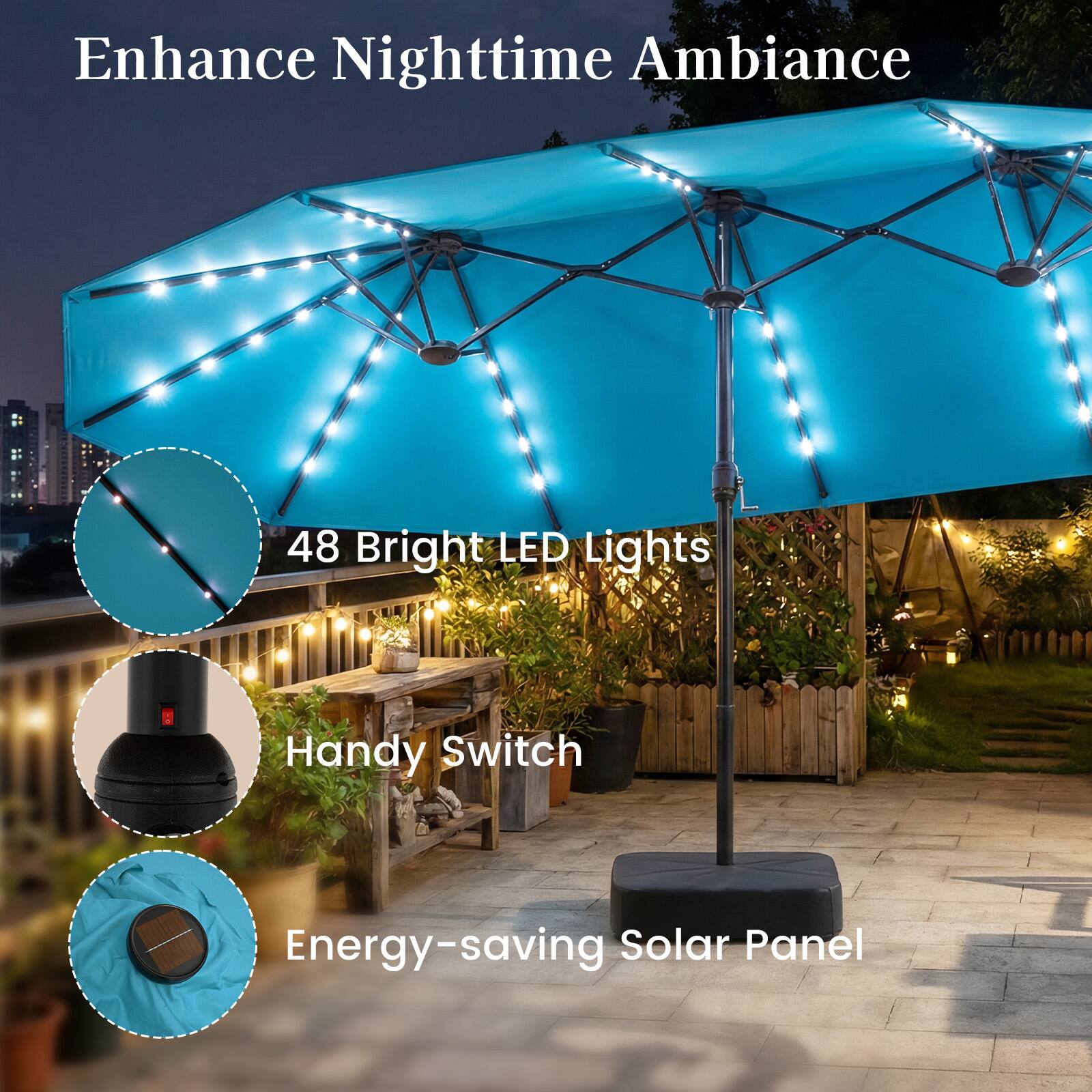 Enhance Nighttime Ambiance

48 Bright LED Lights

Handy Switch

Energy-saving Solar Panel