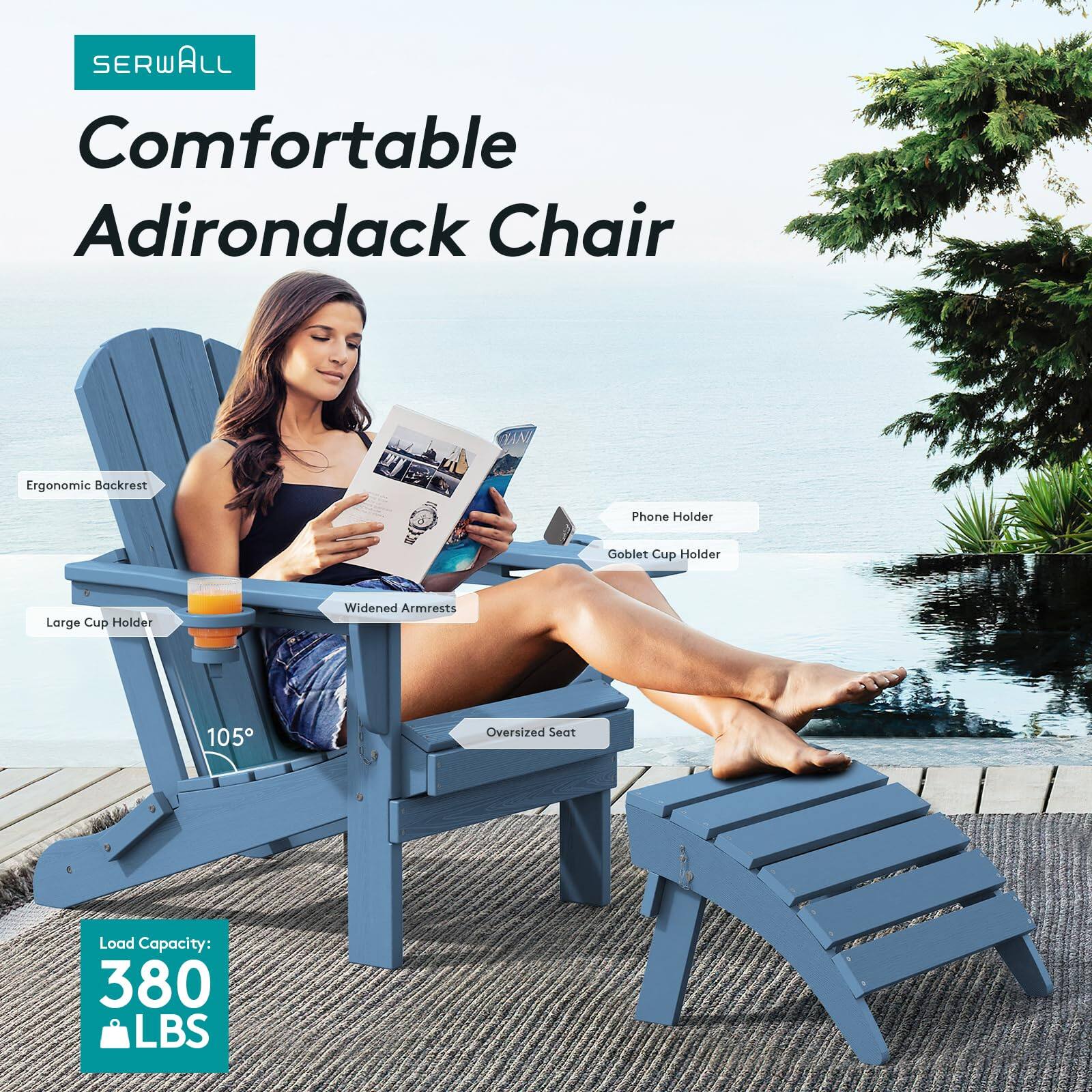SERWALL Comfortable Adirondack Chair Ergonomic Backrest Phone Holder Goblet Cup Holder Large Cup Holder Widened Armrests 105 Oversized Seat Load Capacity: 380 LBS