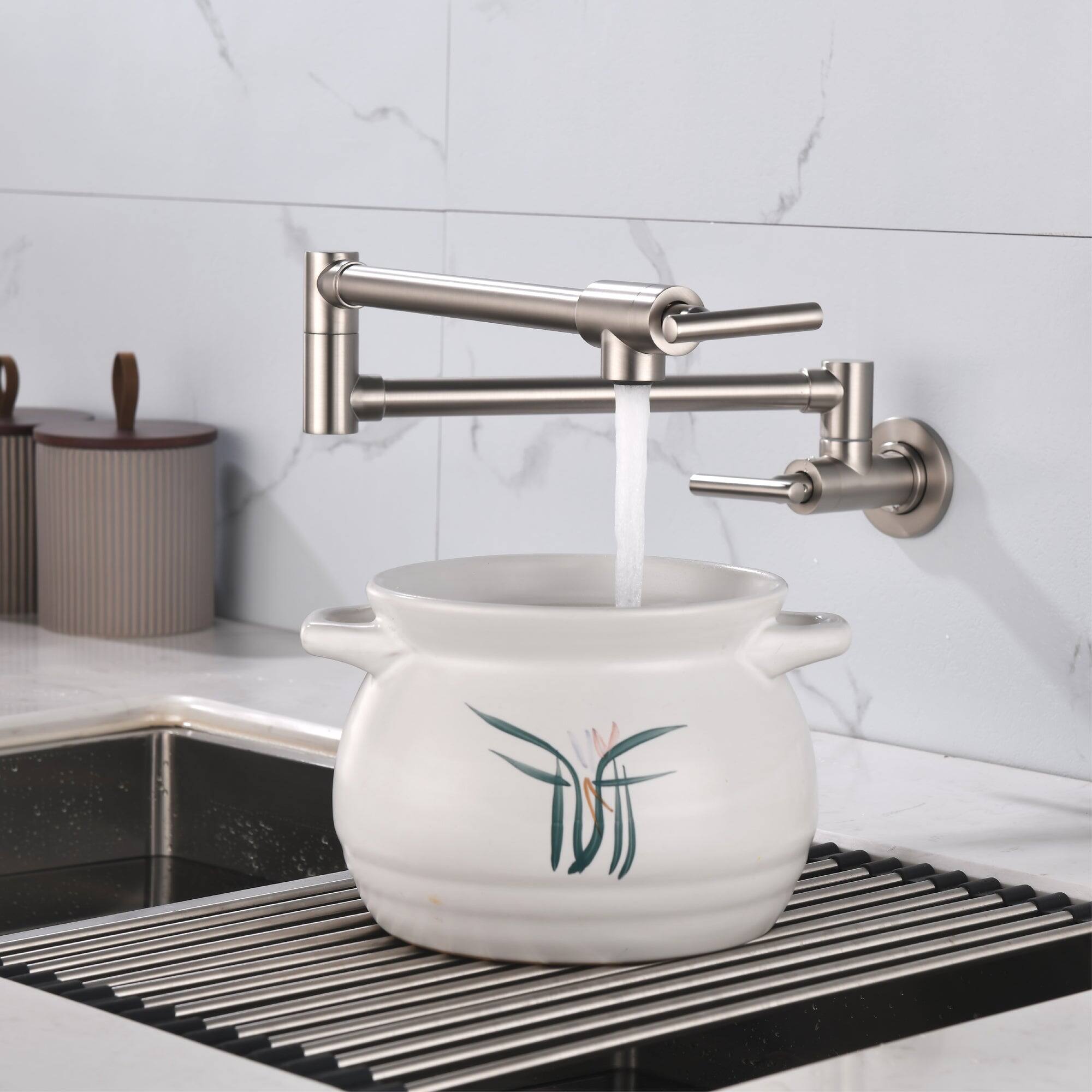 Alt View 8. Boyel Living - Brushed Nickel Wall Mounted Double Handle Pot Filler 1.8 GPM with Ceramic Cartridge and Mounting Hardware - Brushed Nickel.