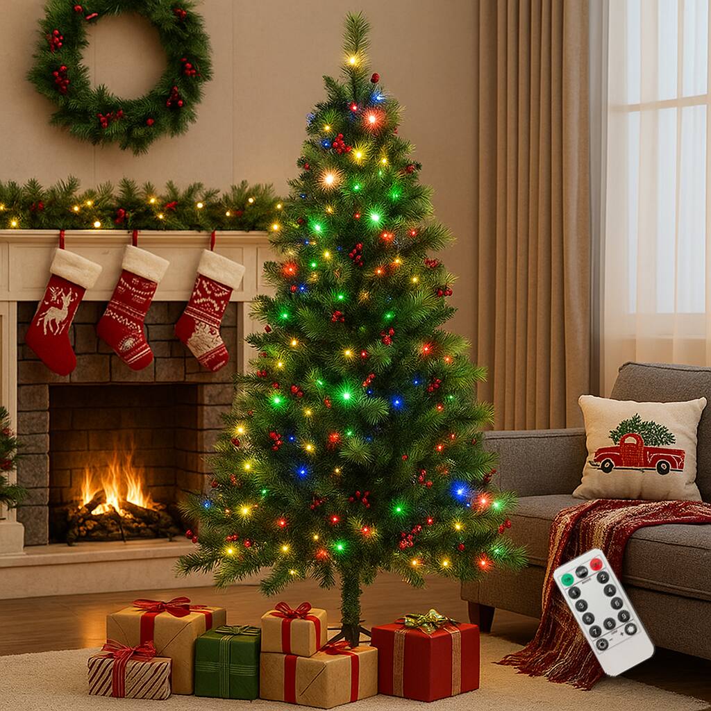 Angle. BreeBe - Prelit Holiday Tree – 6/7/8ft with Built-In 300 to 500 LED Lights - Green.