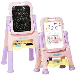 Costway - Kids Easel for Two Adjustable Height Double Sided Art Easel Purple - Purple & Pink
