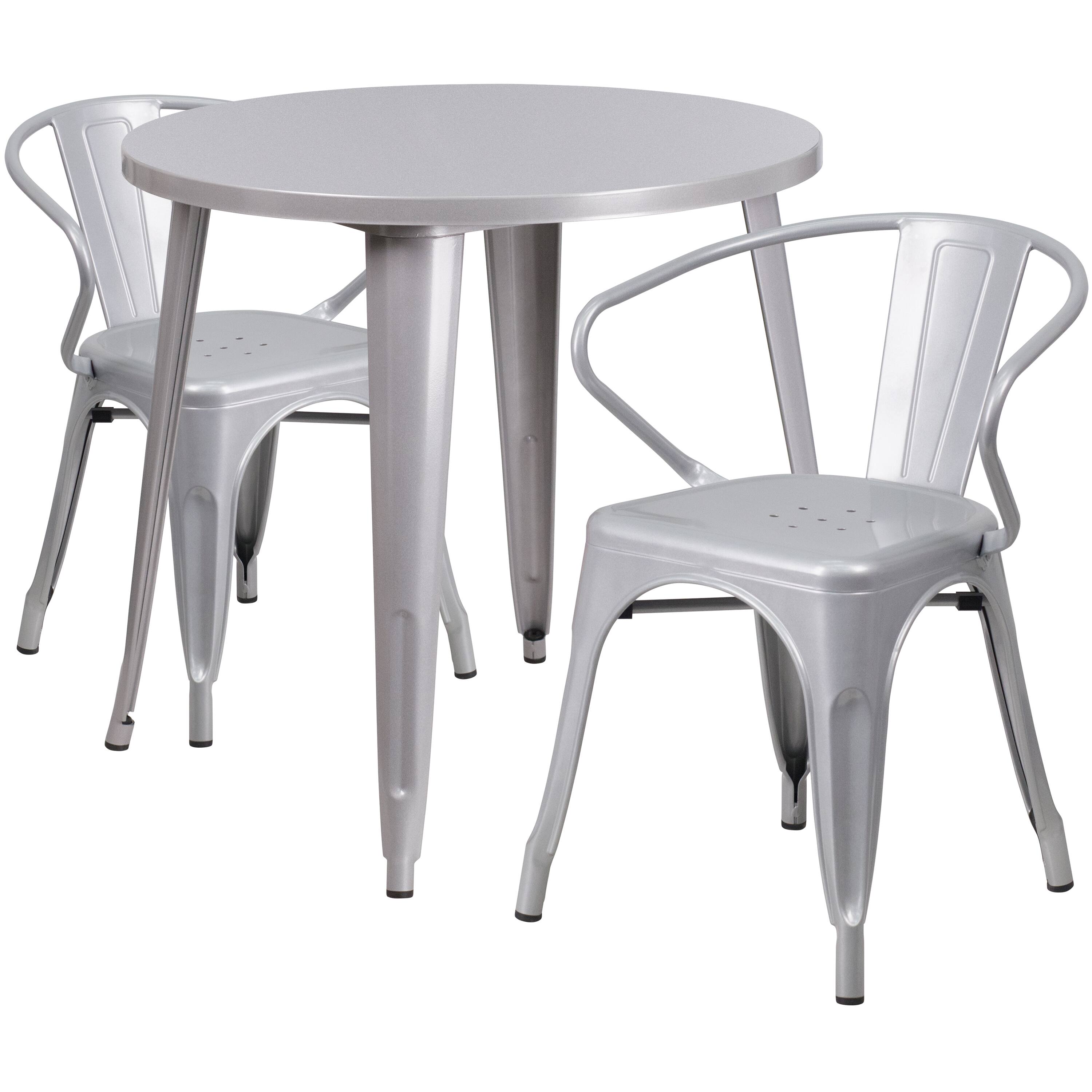 Alt View 1. Emma + Oliver - Commercial Grade 30" Round Metal Indoor-Outdoor Table Set with 2 Arm Chairs - Silver.