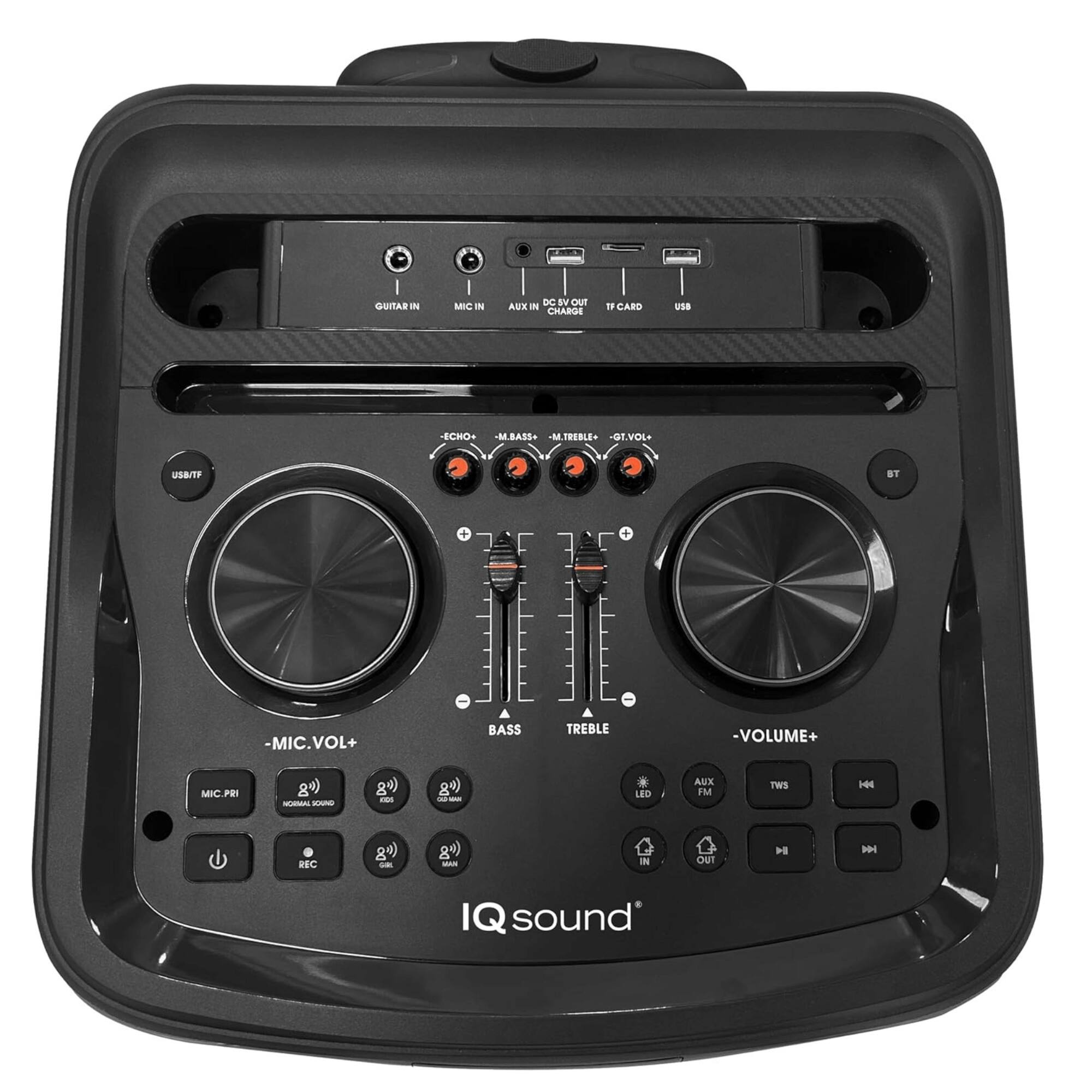 Sure, here is the corrected and grouped text from the image:

- **Inputs:**
  - Guitar In
  - Mic In
  - Aux In
  - DC Out
  - TF Card
  - USB

- **Controls:**
  - Echo
  - M.Bass
  - M.Treble
  - Qt.Vol
  - Mic.Vol
  - Volume
  - Bass
  - Treble

- **Buttons:**
  - Mic.Pri
  - Normal Sound
  - Echo
  - Rec
  - Aux
  - FM
  - TWS
  - LED
  - In
  - Out
  - Play/Pause
  - Forward
  - Backward

- **Other:**
  - BT
  - IQ sound®