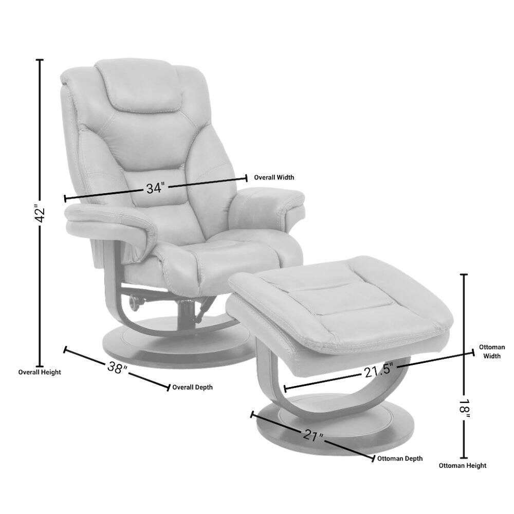 42"  
34"  
Overall Width  
Overall Height  
38"  
Overall Depth  
21"  
21.5" Ottoman Depth  
Ottoman Width 18" Ottoman Height