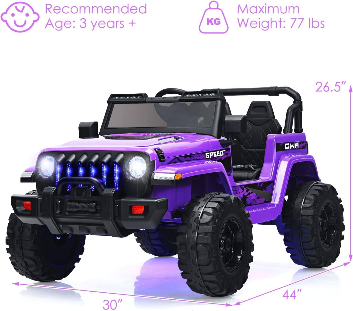 Recommended Age: 3 years +  
Maximum Weight: 77 lbs  

26.5"  
30"  
44"