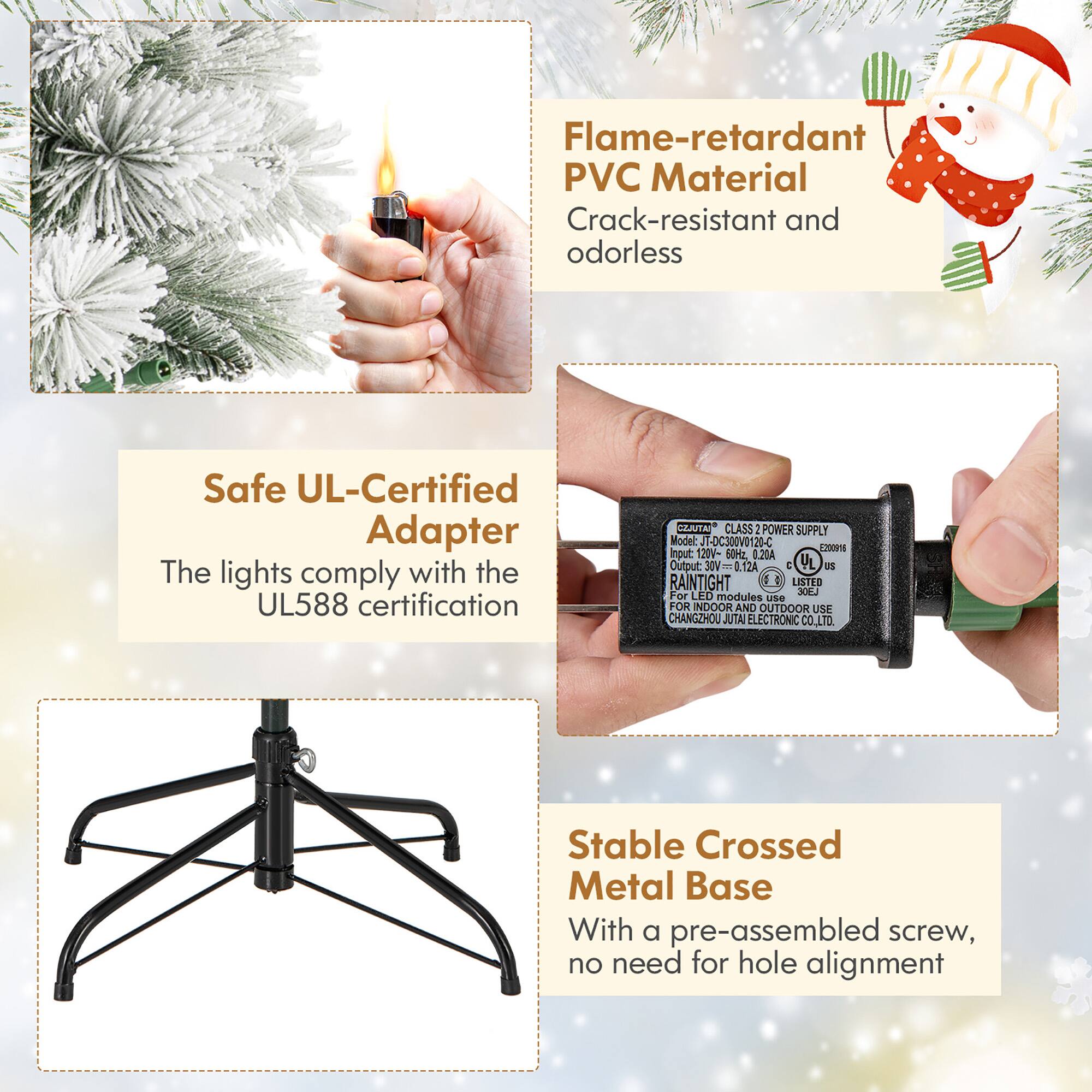 - Flame-retardant PVC Material
  - Crack-resistant and odorless

- Safe UL-Certified Adapter
  - The lights comply with the UL588 certification

- Stable Crossed Metal Base
  - With a pre-assembled screw, no need for hole alignment

- Model: J-DC300V0120-C
  - Input: 120V-60Hz 0.20A
  - Output: 30V 0.12A
  - RAIN TIGHT LISTED
  - FOR INDOOR AND OUTDOOR USE
  - CHANGZHOU JUTA ELECTRONIC CO.LTD.