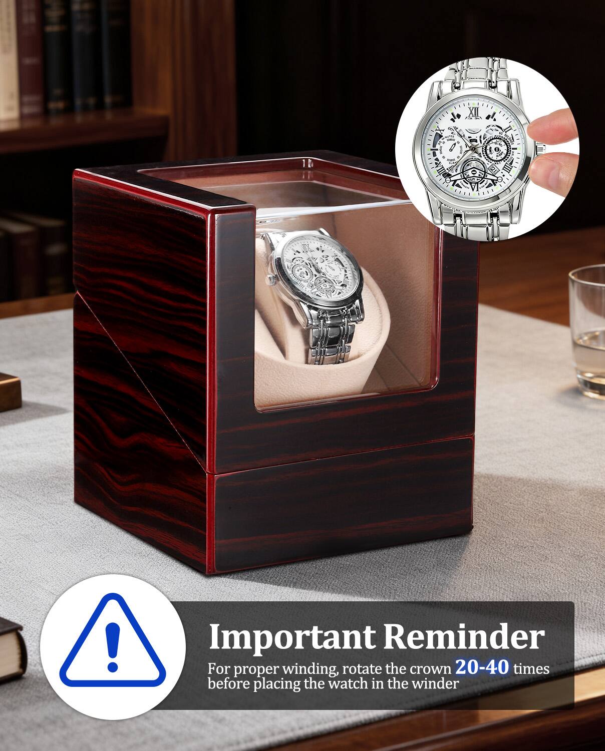 Important Reminder

For proper winding, rotate the crown 20-40 times before placing the watch in the winder