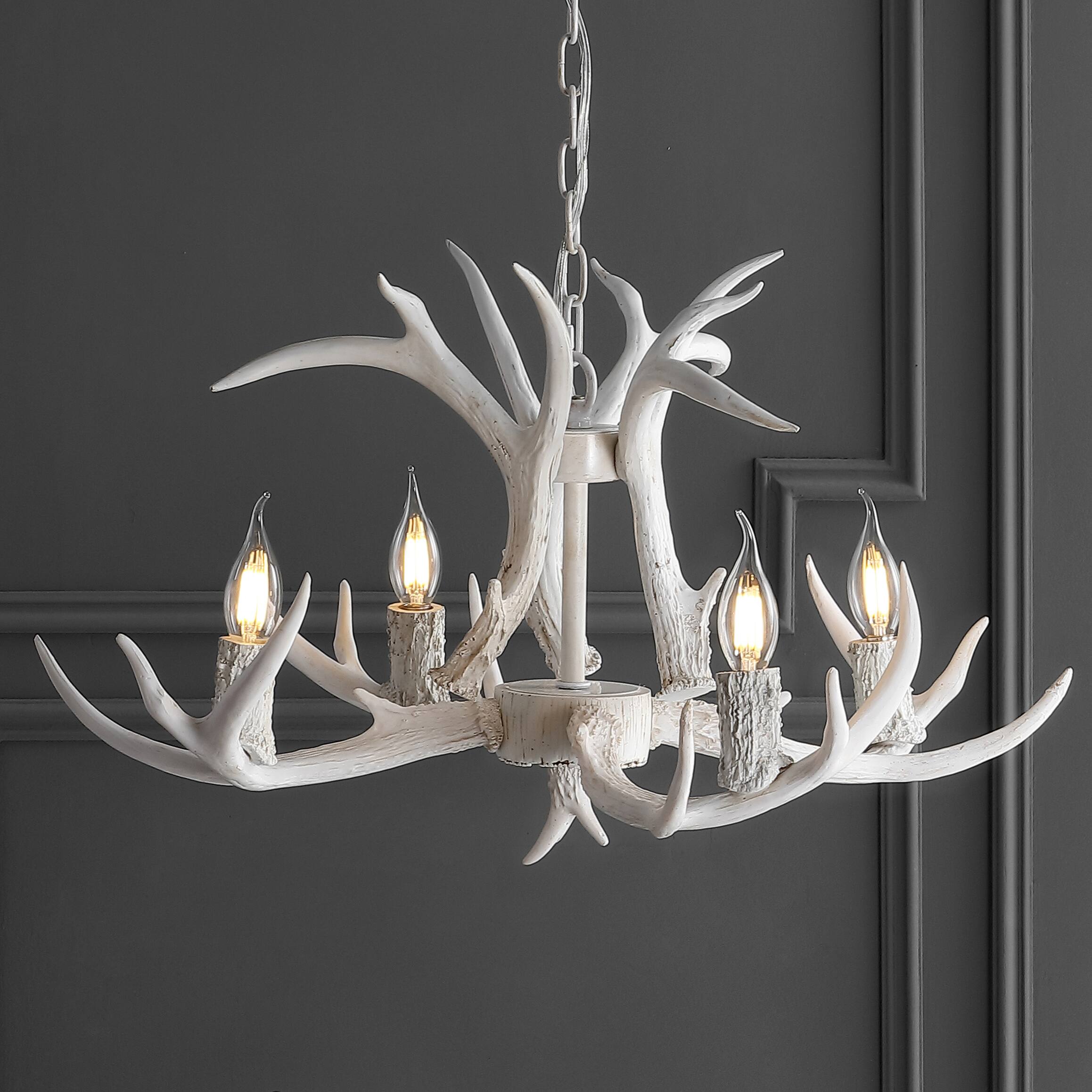 Alt View 1. Jonathan Y - Eldora 26" 4-Light Rustic Farmhouse Adjustable Resin Antler LED Chandelier, White - Antique White.