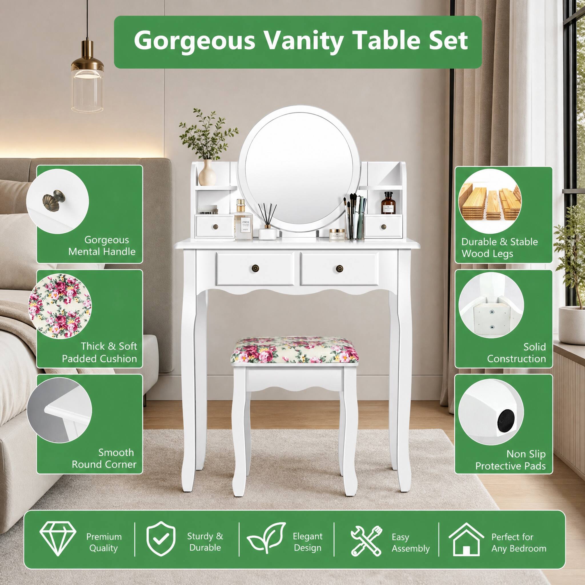 WELLFOR Makeup Vanity Set with 360° Pivoted Round Mirror & Stool ...