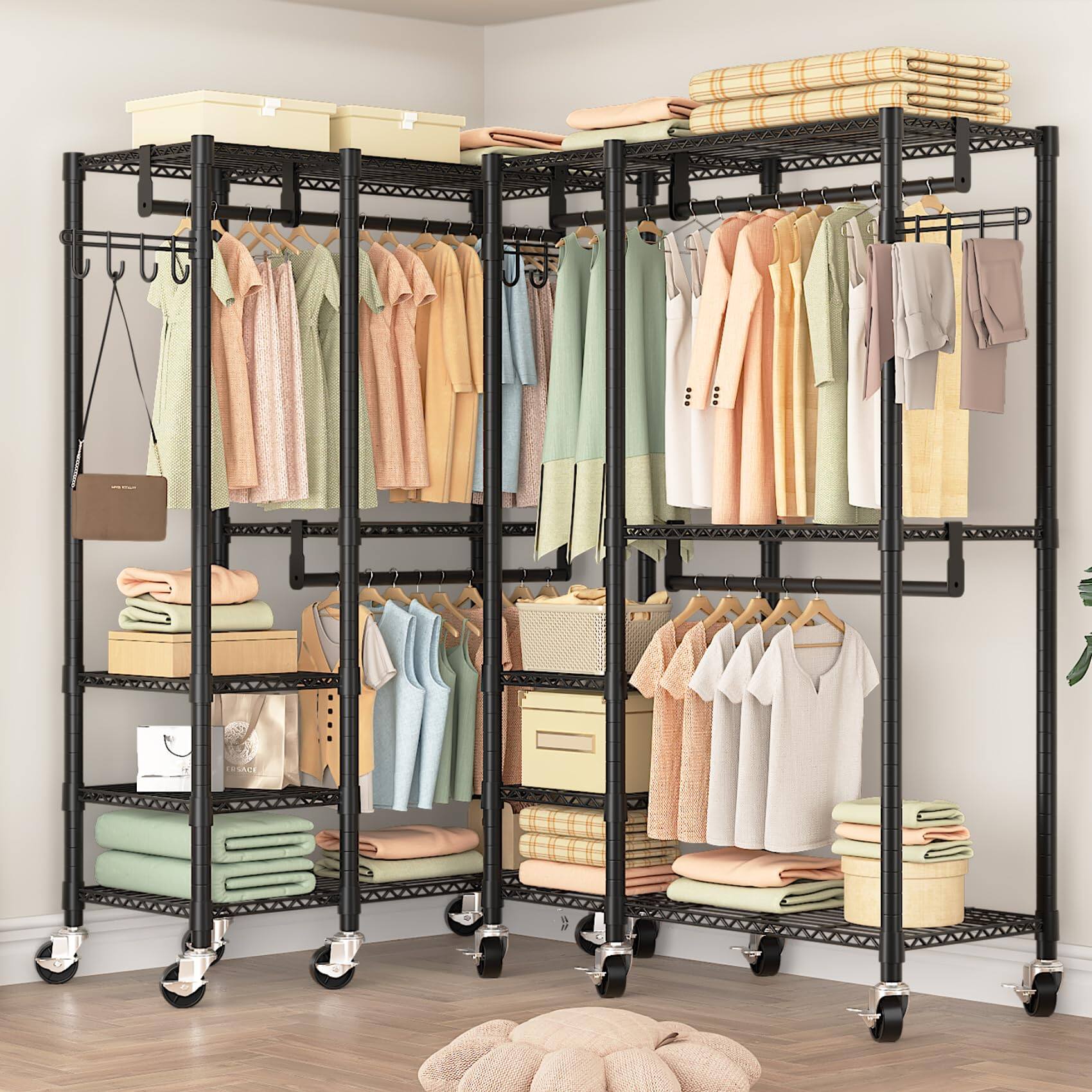 Alt View 4. Hirose Alice - Rolling Heavy Duty Clothes Racks for Hanging Clothes  5 Tiers Garment Clothing Rack with Shelves Double Rods - XLarge.