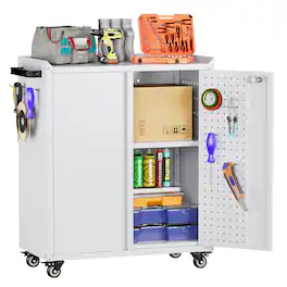 Boyel Living - Metal Tool Cabinet Workbench with Pegboard, Casters, Lock - White