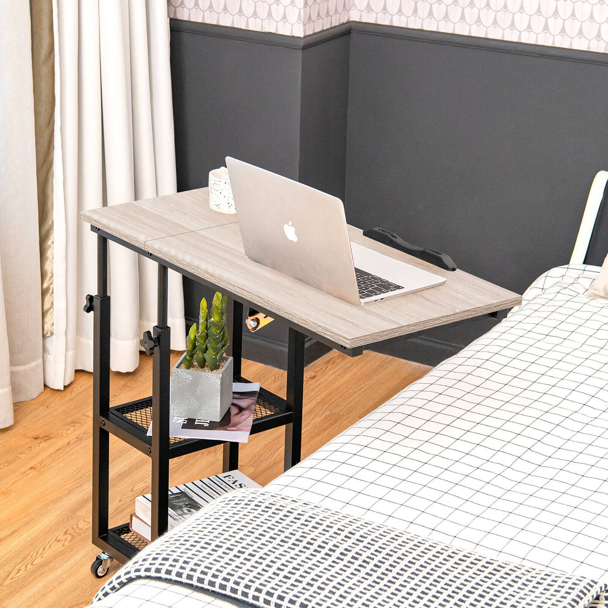 Alt View 3. Gymax - Gymax C Shaped Side Table with Wheels Height and Tabletop Adjustable Storage Shelf - Natural.