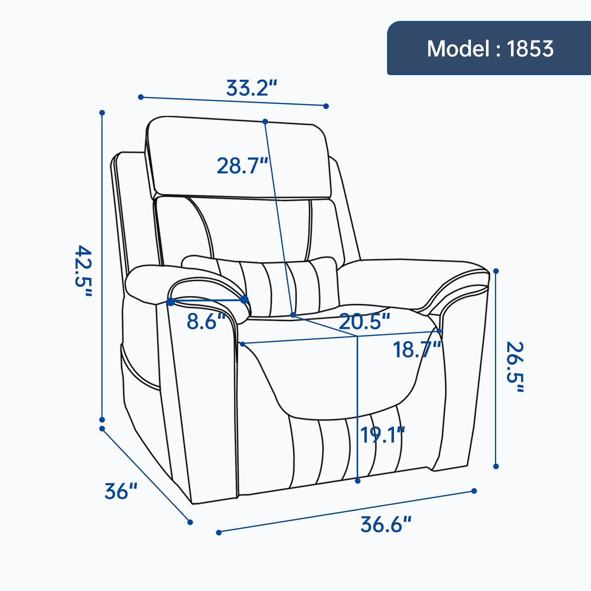 Model: 1853

- 33.2"
- 28.7"
- 42.5"
- 8.6"
- 20.5"
- 18.7"
- 19.1"
- 26.5"
- 36"
- 36.6"
