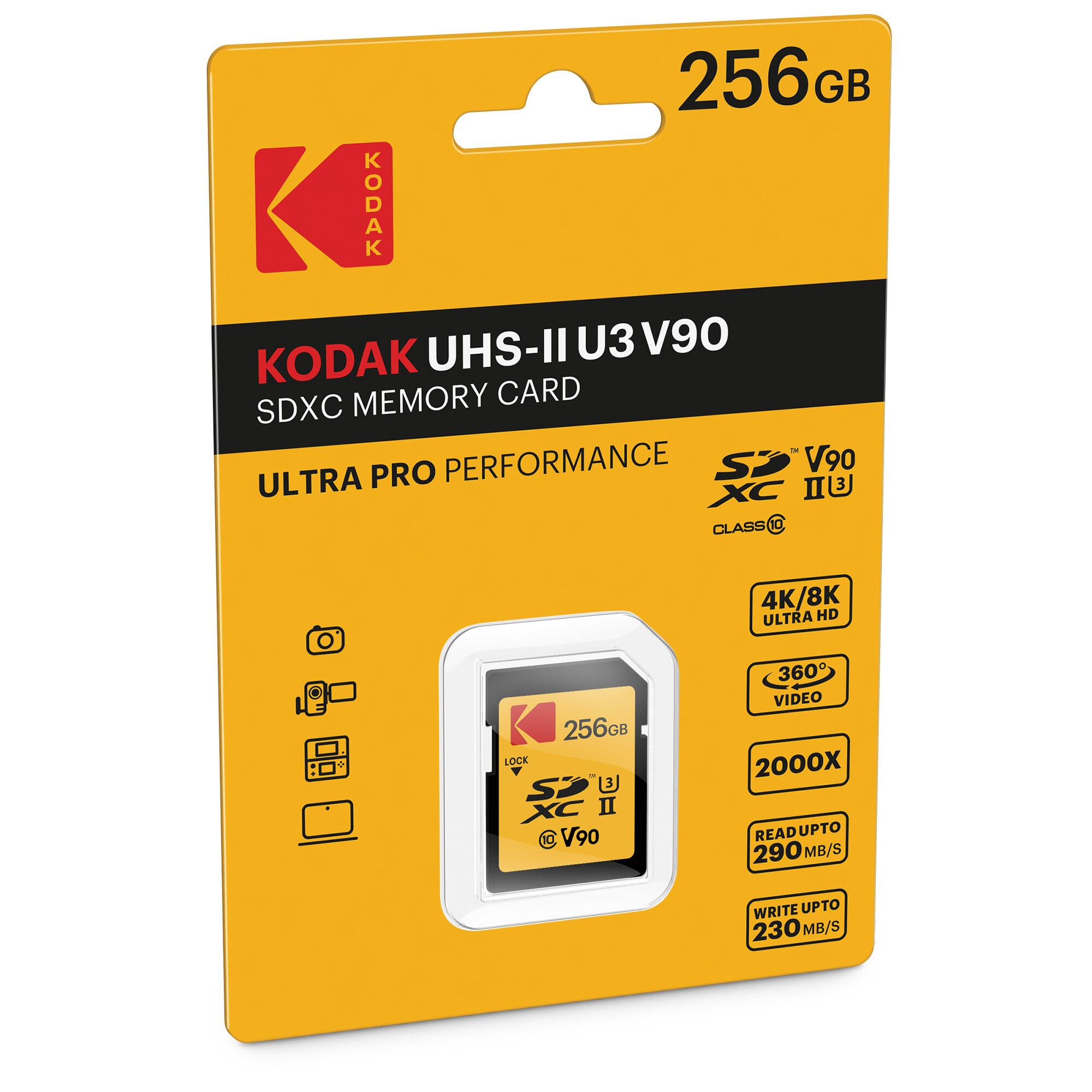 256GB KODAK UHS-II U3 V90 SDXC MEMORY CARD  
ULTRA PRO PERFORMANCE  
4K/8K ULTRA HD  
360° VIDEO  
2000X  
READ UP TO 290 MB/S  
WRITE UP TO 230 MB/S