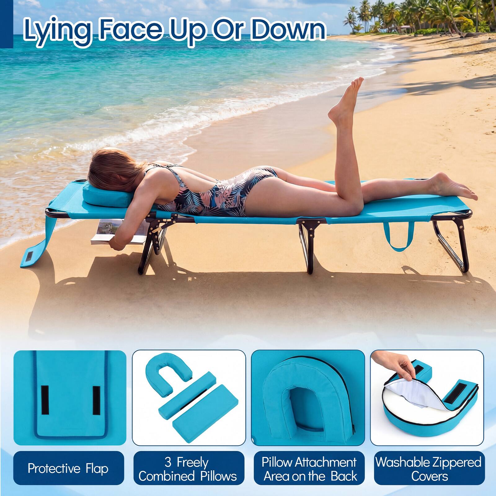 Lying Face Up Or Down

Protective Flap

3 Freely Combined Pillows

Pillow Attachment Area on the Back

Washable Zippered Covers