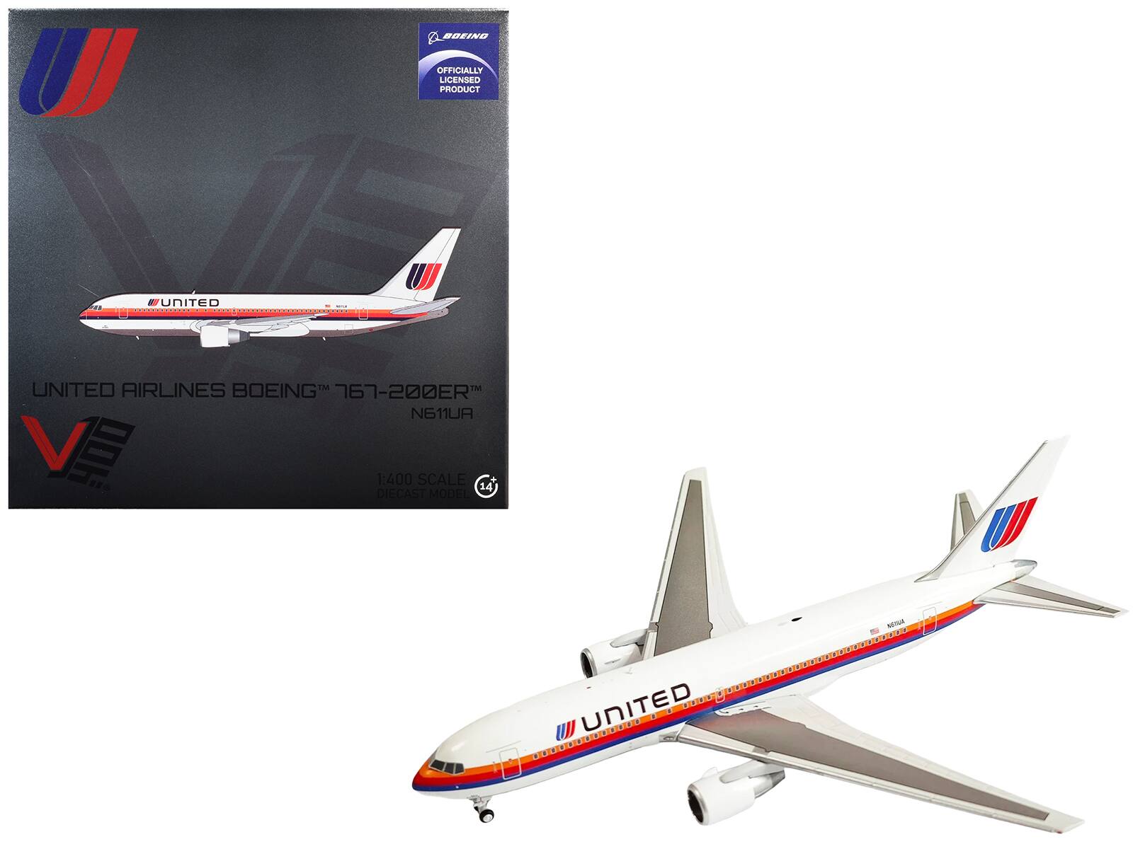 BOEING  
OFFICIALLY LICENSED PRODUCT  
UNITED  
UNITED AIRLINES BOEING 767-200ER N611UA  
1:400 SCALE 14 DIECAST MODEL