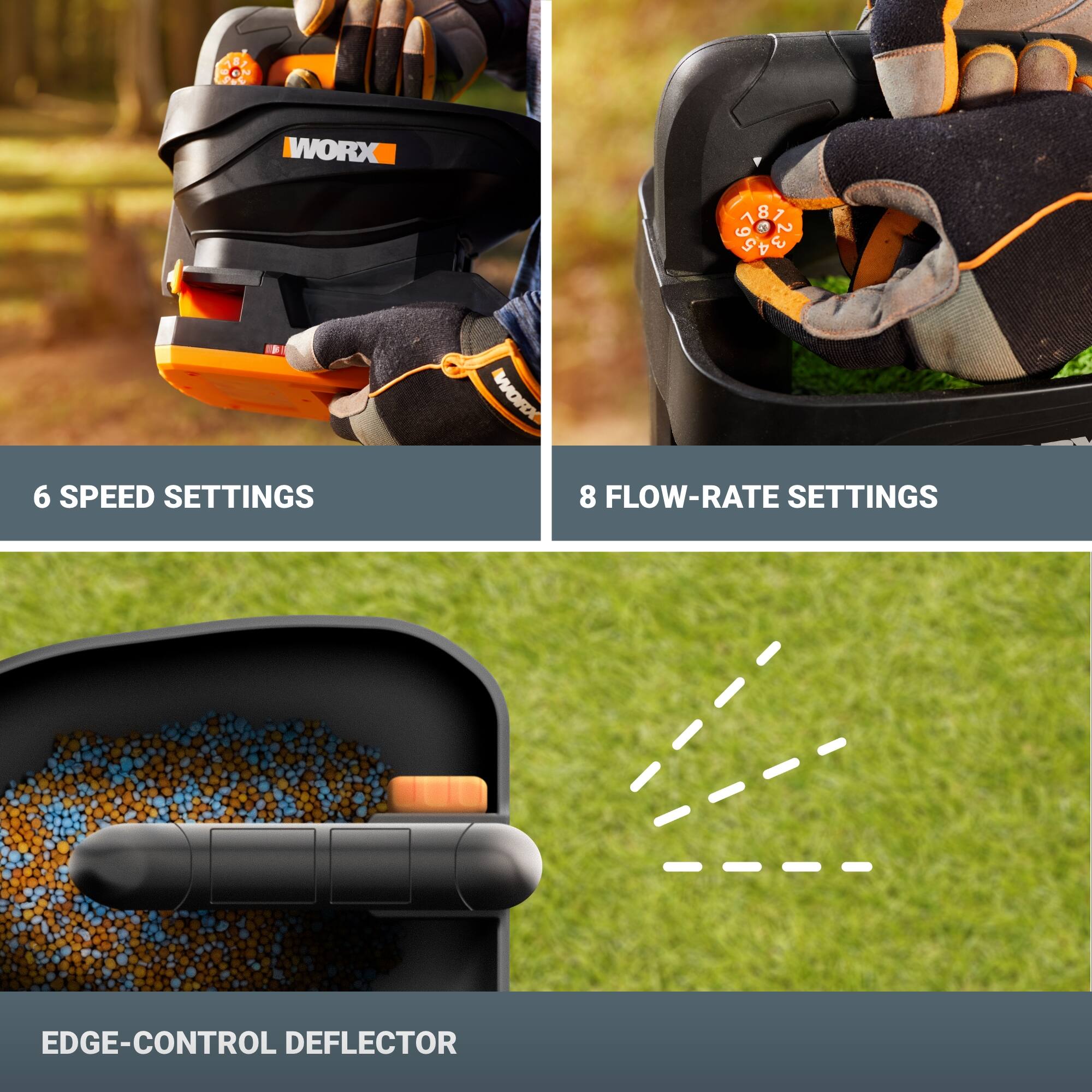 The image shows a comparison of the WORX WWOFO 6 and its features. The image is divided into three sections, each displaying different aspects of the product. The top section shows the product in use, with a person holding it. The middle section displays the product's features, including the 6 speed settings and the 8 flow-rate settings. The bottom section shows the edge-control deflector, which is a key feature of the product. The image effectively highlights the various functionalities and benefits of the WORX WWOFO 6.