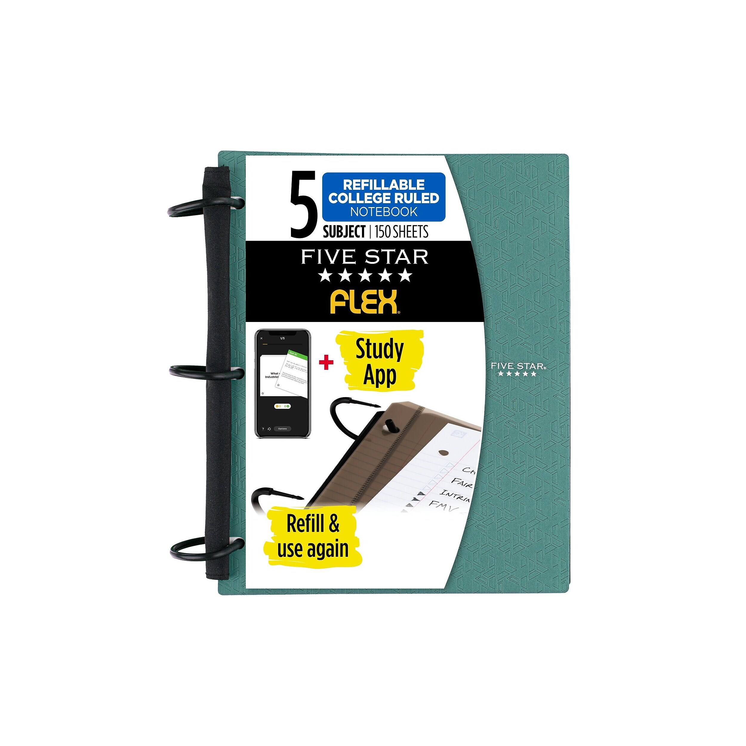 REFILLABLE COLLEGE RULED 5 SUBJECT NOTEBOOK 150 SHEETS FIVE STAR

VS - Insures
FLEX + Study App
FIVE STAR
14
Refill & use again
Ch FAIR INTRIA FMV