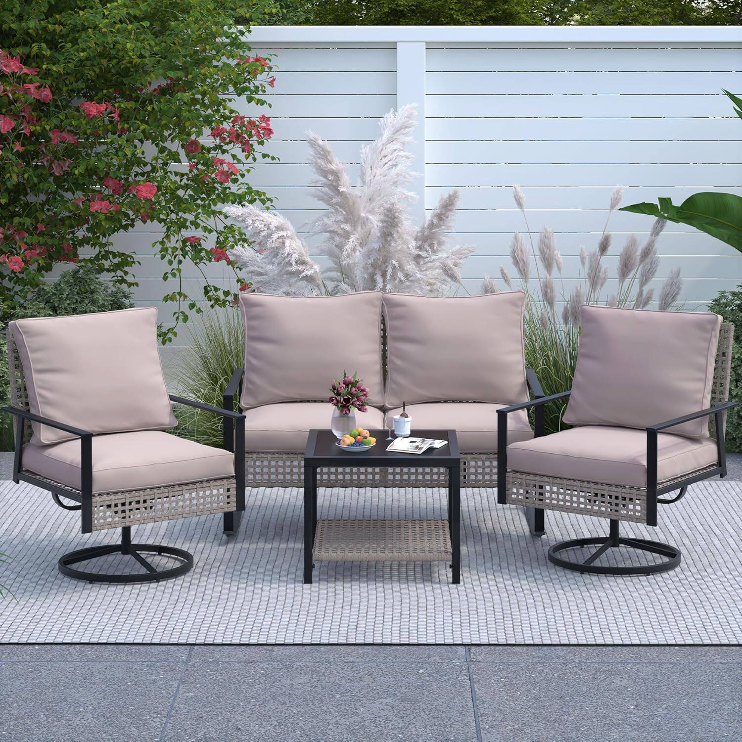 Angle. Ainfox - Ainfox 4PCS Patio Furniture Set,Wicker Rattan Swivel Rocking Chairs Set with Loveseat for Porch, Pool, Backyard - Khaki.