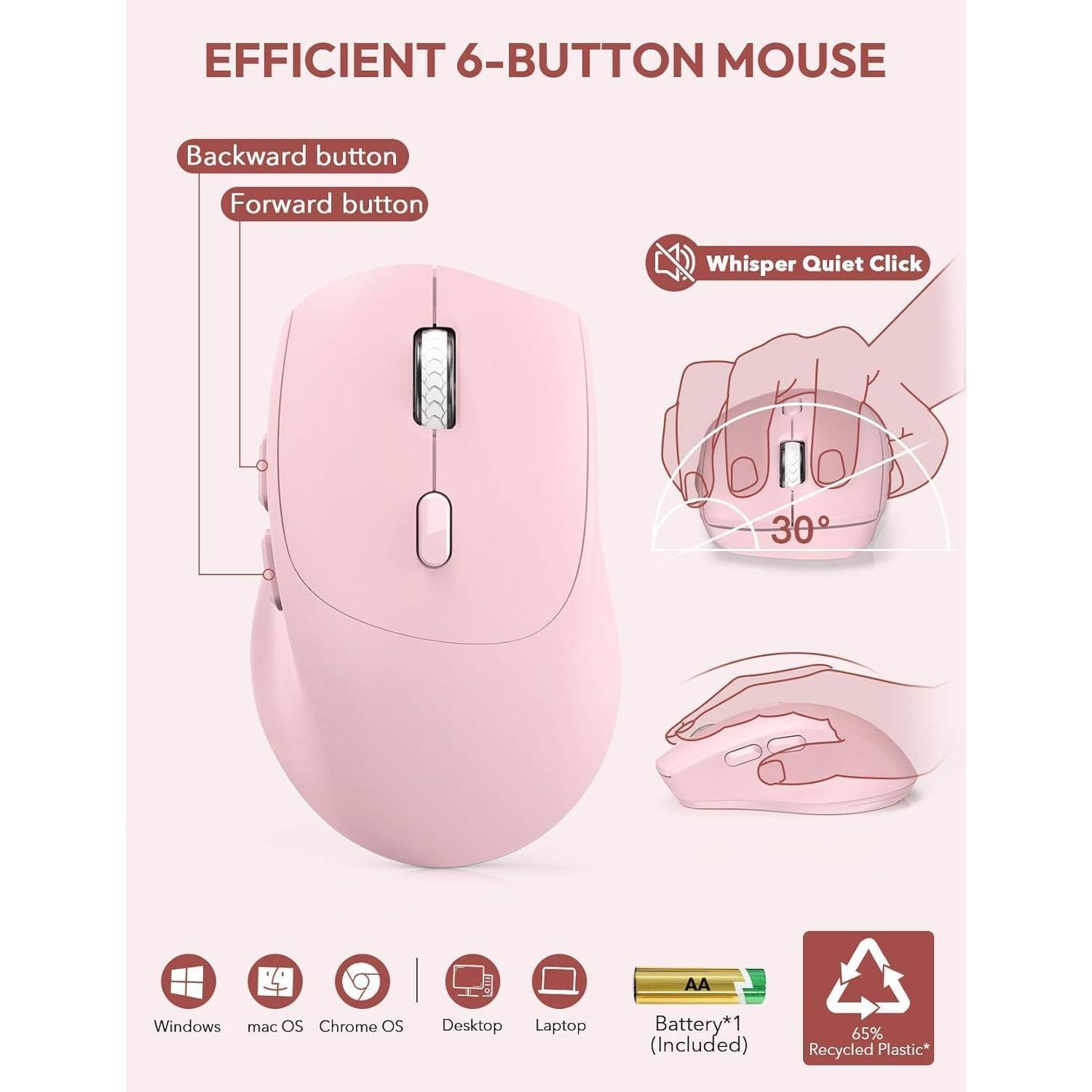 EFFICIENT 6-BUTTON MOUSE

- Backward button
- Forward button
- Whisper Quiet Click

30°

Compatible with:
- Windows
- macOS
- Chrome OS
- Desktop
- Laptop

Battery*1 (Included)

65% Recycled Plastic*